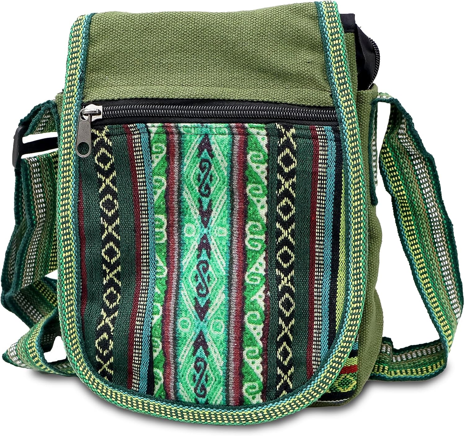 Hemp Crossbody Messenger Bag, a Himalayan handmade bag features a zipper closure, a spacious main compartment a stylish geometric pattern.
