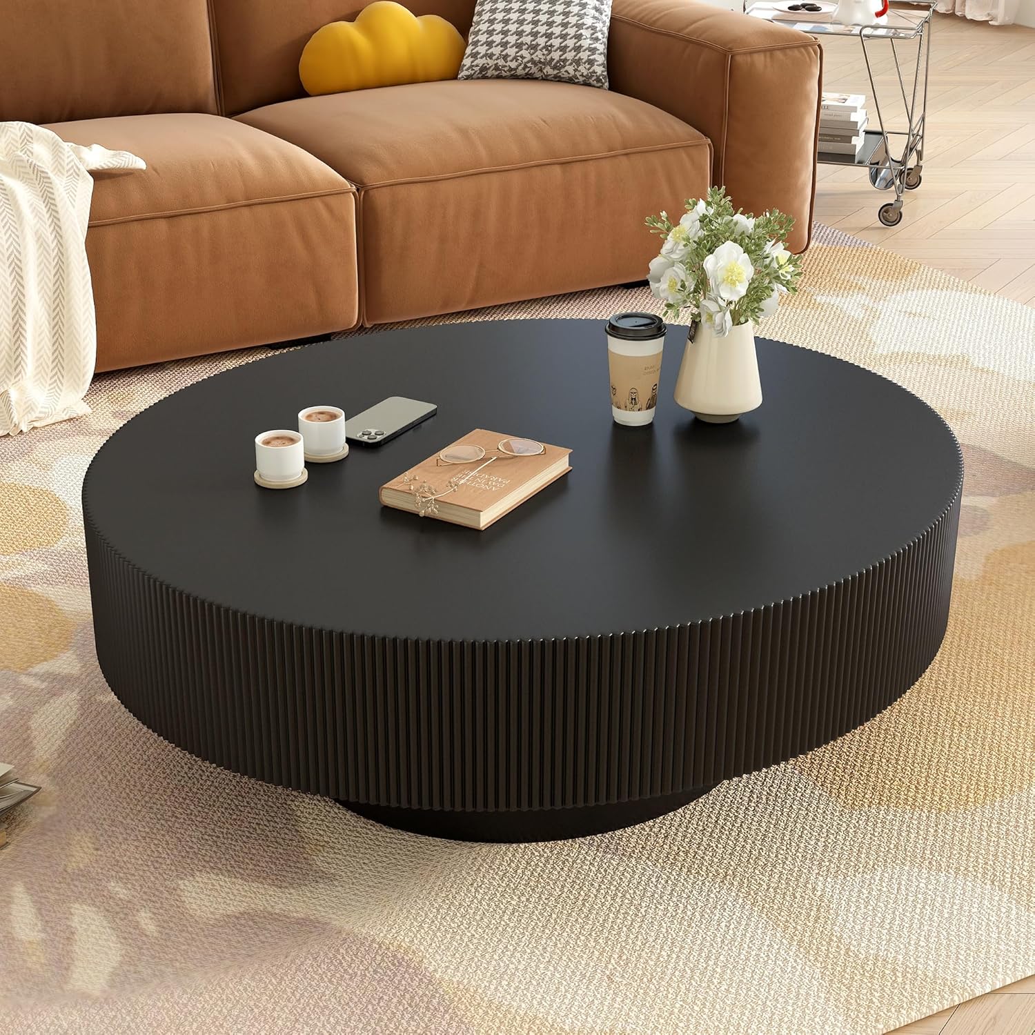 Black Round Coffee Table 31.5'' Contemporary Modern Circle Coffee Table Pedestal Center Table Wood Accent Tea Table for Living Room Apartment