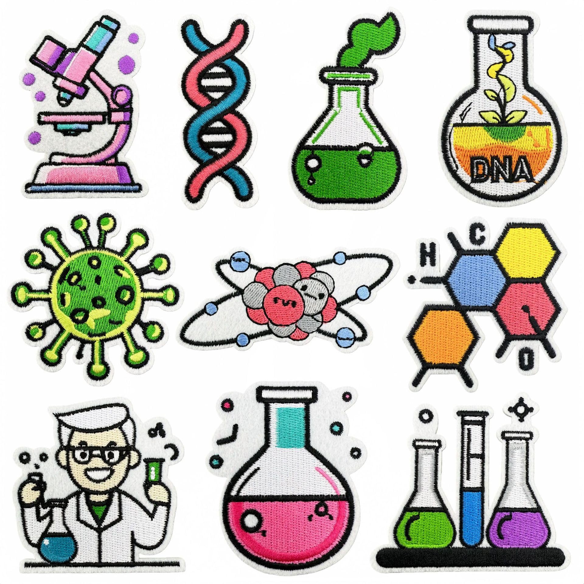CYWQ 10Pcs Science Iron on Patches Physics Biology Chemistry Laboratory Sew on Repair Embroidered Applique Scientist Experiment Atom DNA Virus DIY Craft Gifts for Coat Clothes Backpack Hat