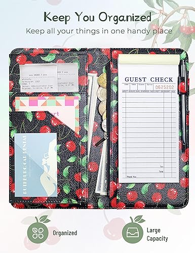 Miniatura 5 de Mymazn Libro de camarera de cerezo de 4.7 x 9 pulgadas con bolsillo con cremallera, bolsillo para dinero y cierre magnético, organizador de