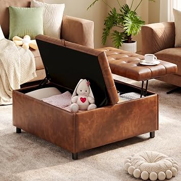 Brown Leather 36 Inch Extra Large Lift Top Living Room Storage Ottoman