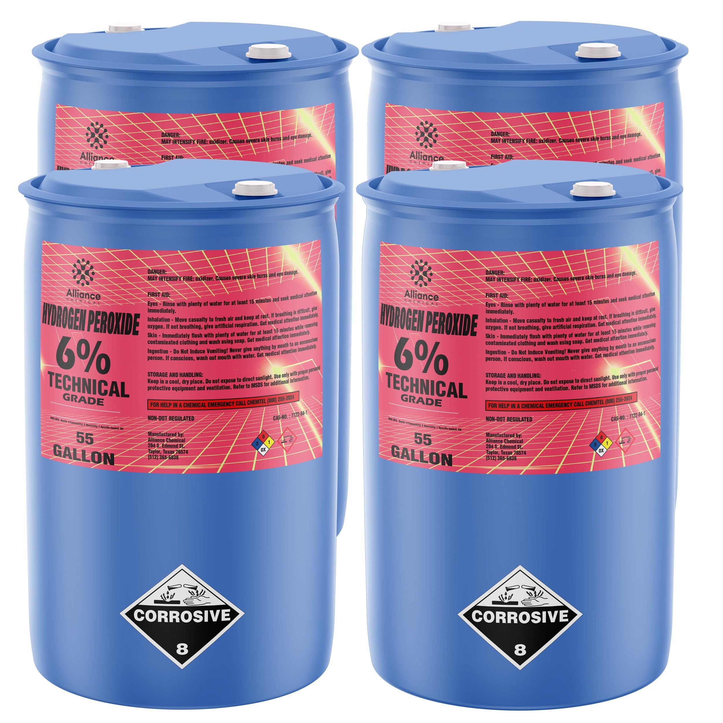 Hydrogen Peroxide 6% Technical Grade - 4 x 55 Gallon Drums – for Industrial Cleaning, Oxidation processes, Bleaching in Textile Manufacturing, Chemical Synthesis, and Wastewater Treatment