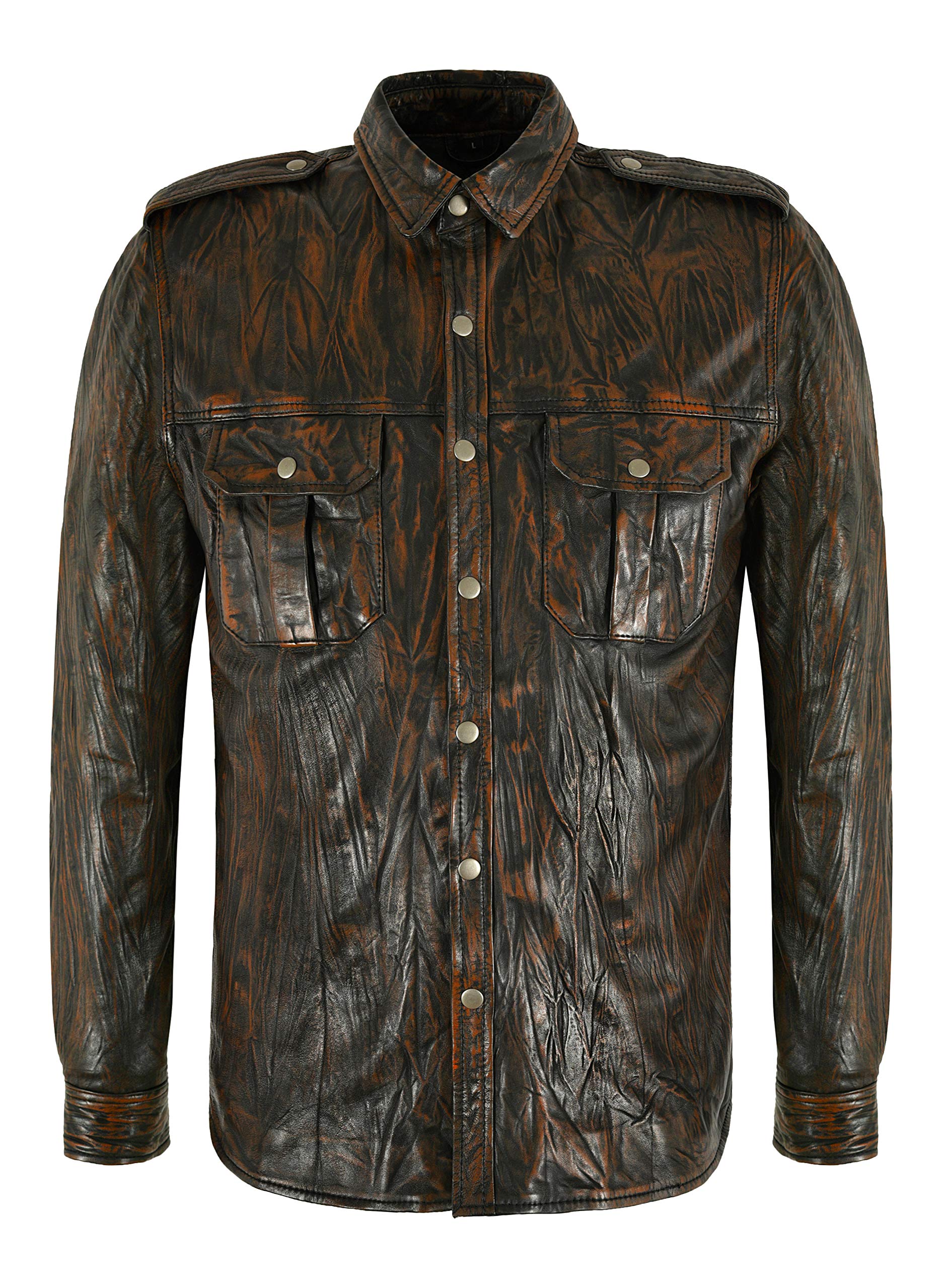 Mens Leather Shirt Classic Bronze Wrinkle Effect Casual Retro Real