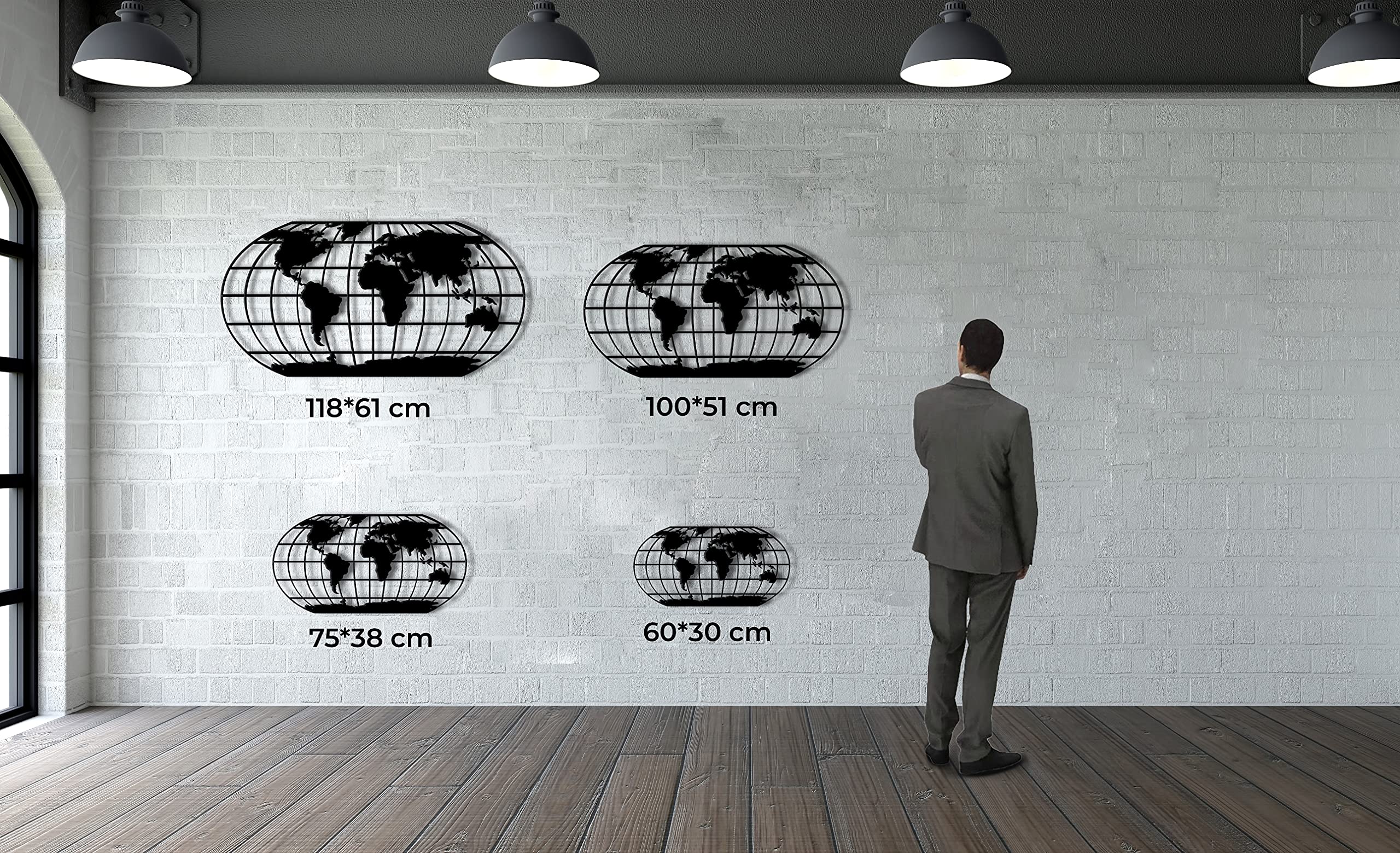 Dekadron Décoration murale en métal, carte du monde avec méridiens, décoration pour salon ou bureau, art mural en métal (100x51cm)