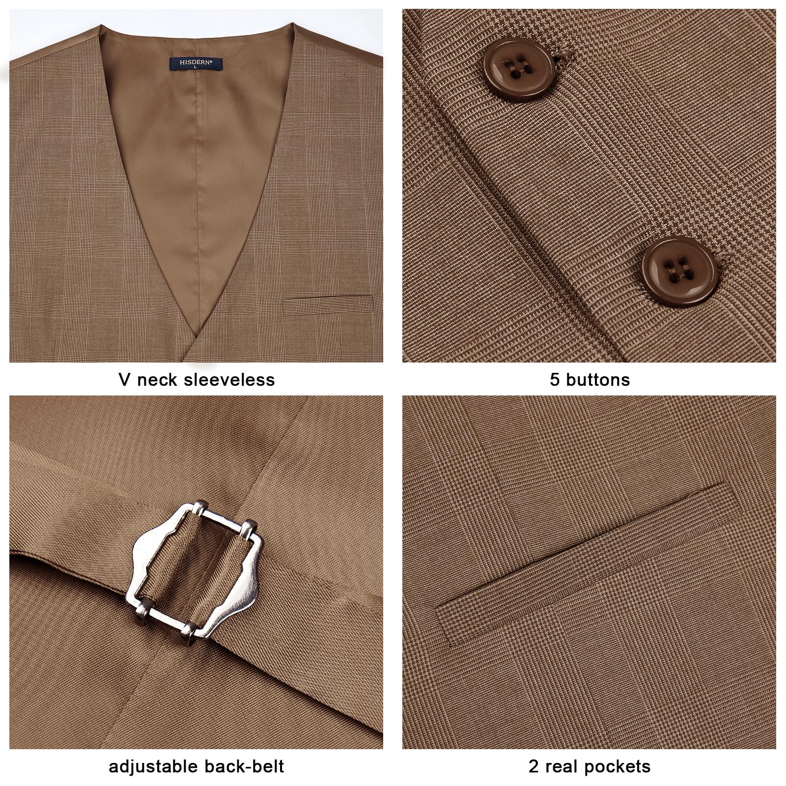 HISDERN Chalecos de Cuadros para Hombre de Vestir Chaleco Traje Escoces de Algodón Clásico Formal Elegantes de Fiesta Boda Con Bolsillos