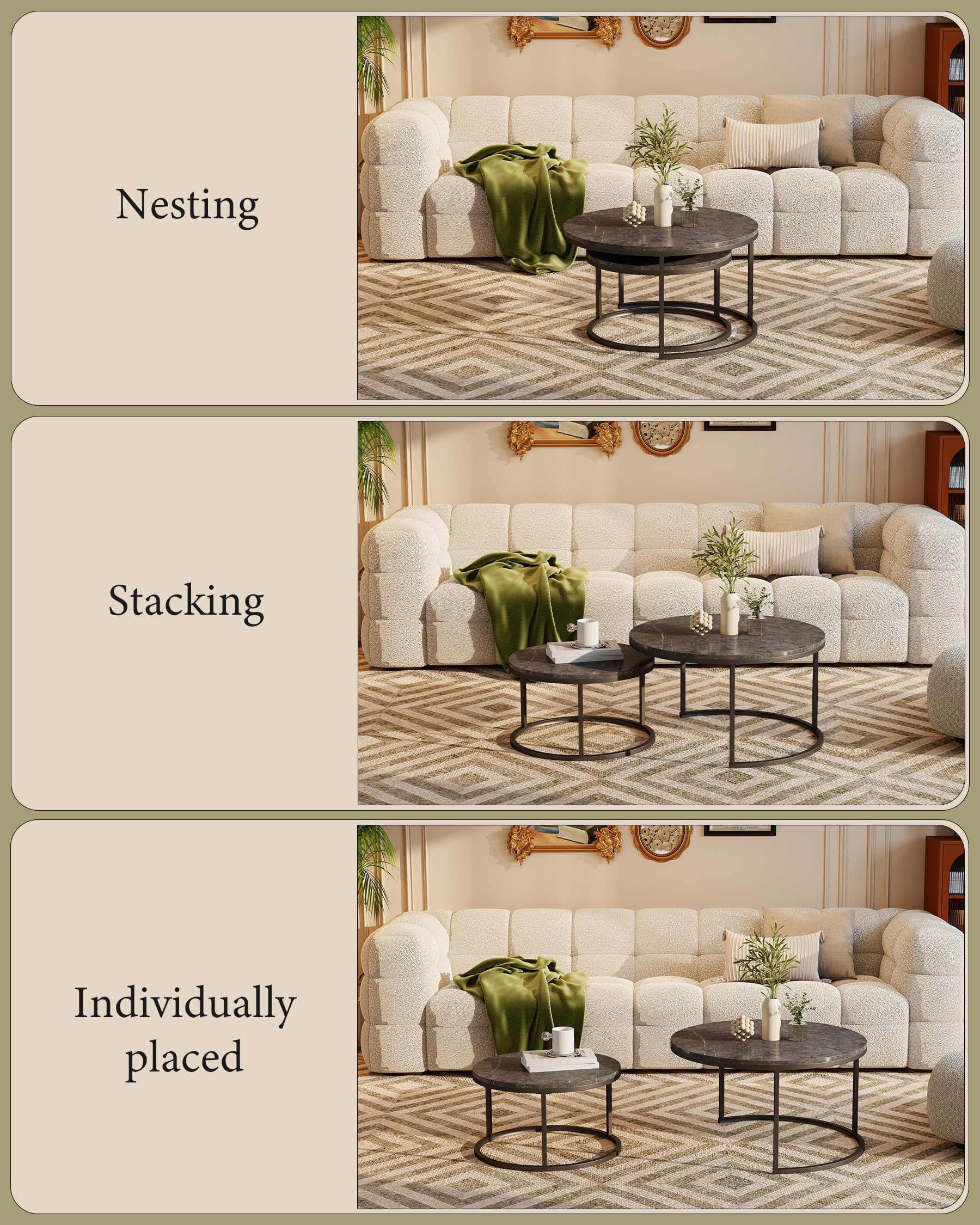Mesa de Centro Redonda Moderna 2 Piezas 80+60 cm, Mesas Auxiliares para Salón Efecto Mármol Gris y Estructura Metálica Gris Mesa Centro Salon Elegante para Muebles de Salón