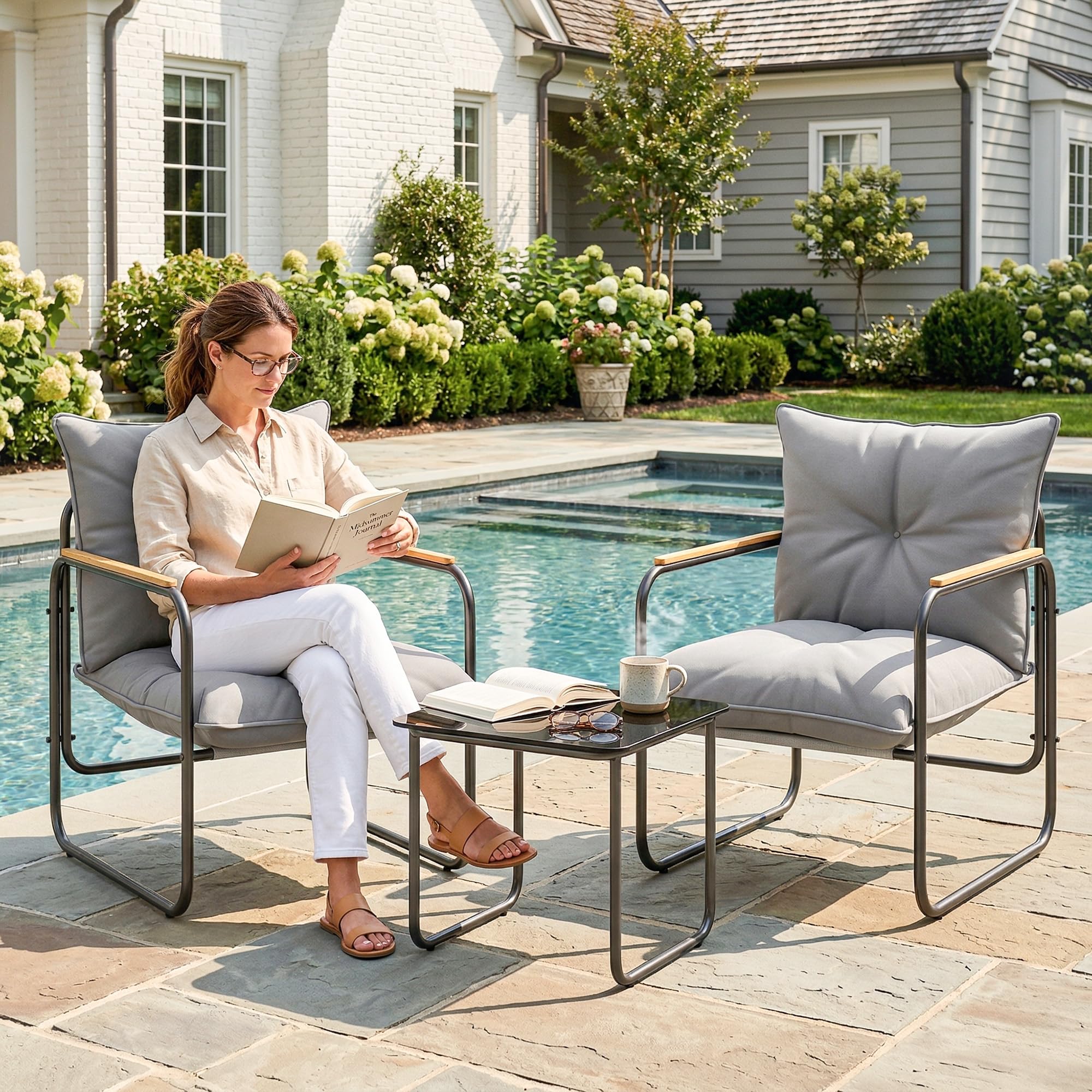 Outsunny Set da Bistrò 3 Pezzi, Set da Giardino in Metallo con 2 Sedie Texteline, Tavolo in Vetro, Cuscini Spessi, Grigio Scuro