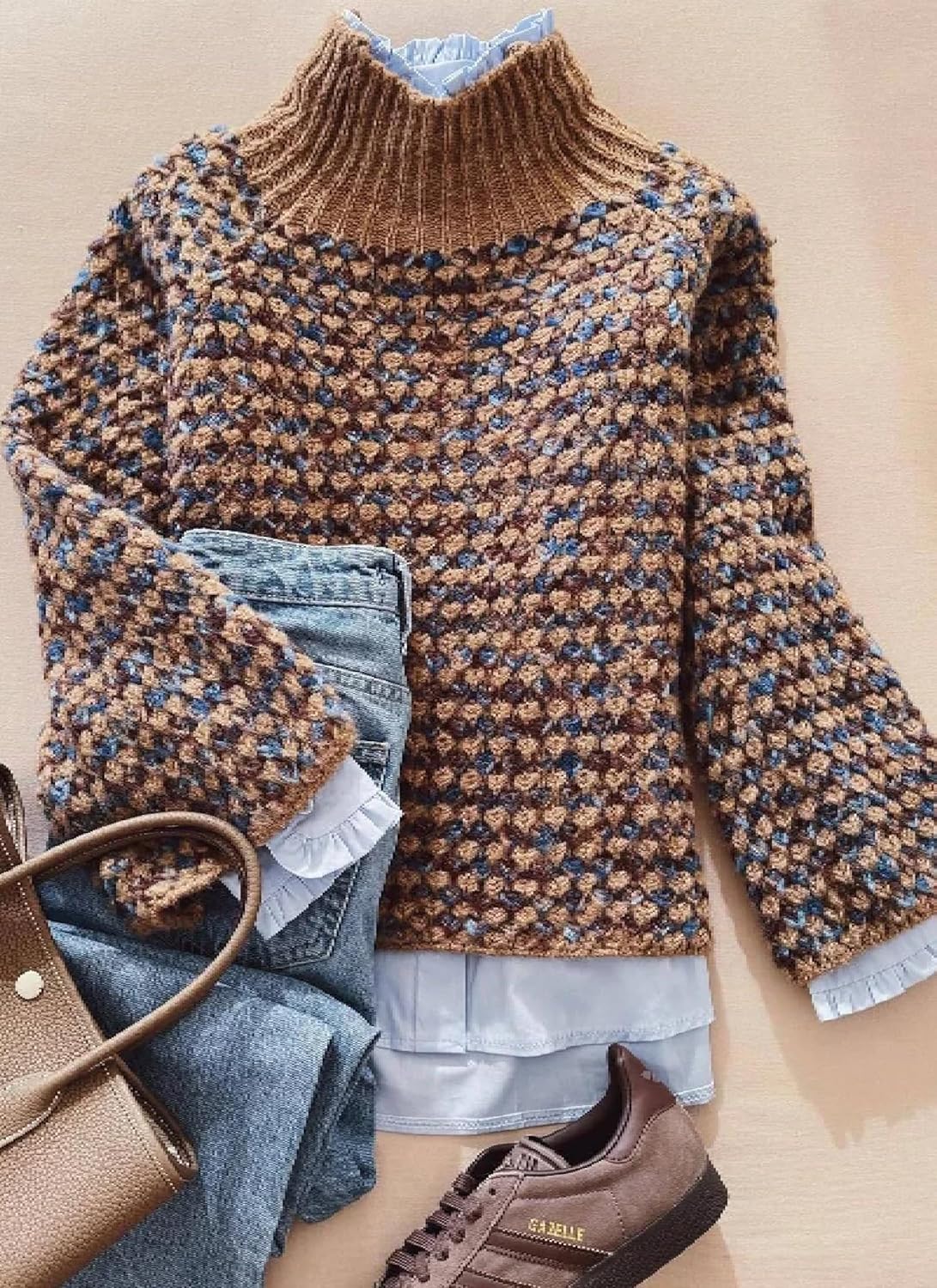 Sweaters for Women 2025 Fashion Retro Print Mock Neck Chunky Jumper Long Sleeve Brown Pullover Knit Tops - Image 2