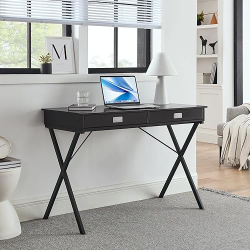 Escritorio moderno, marco único en forma de X y diseño de líneas limpias, escritorio de MDF con 2 cajones, adecuado para escritorio en casa,