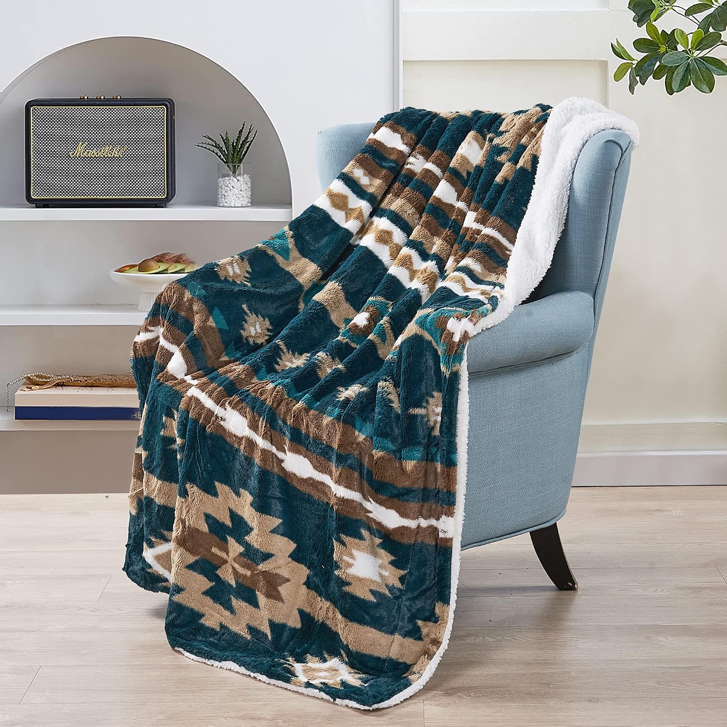 HESTIN Bohemian Stylish Throw Blanket with Soft Sherpa Lining, Warm Lightweight Blankets for Couch, Sofa, Bed, Camping, Outdoor Throw All Seasons,50" x 60",Bluish Green