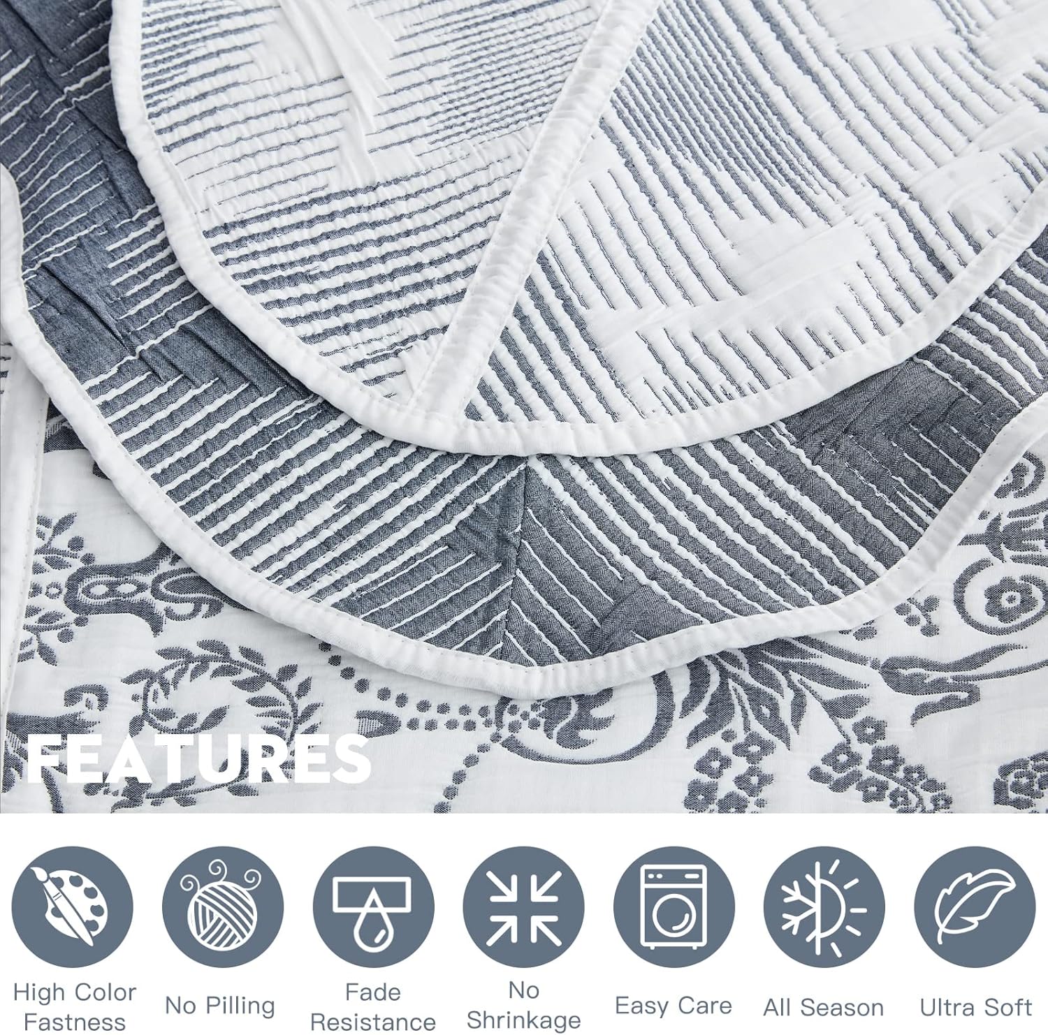 Oversized King Bedspread 128x120 Extra Wide, Jacquard Matelasse Damask Pattern Design, Lightweight, Reversible, 5 Piece, 100% Microfiber, Blue - Image 6