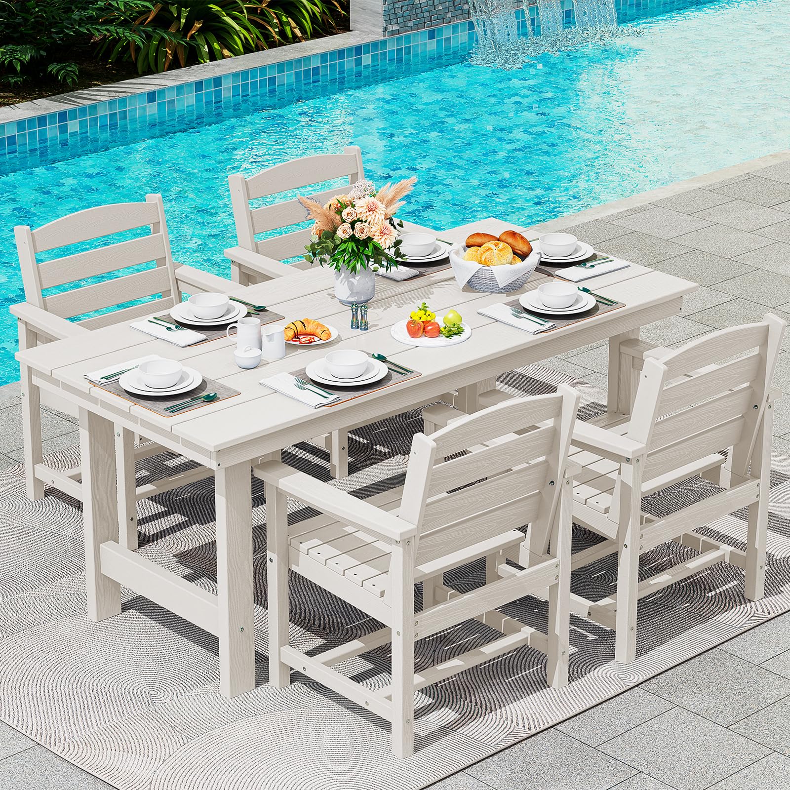 SERWALL Patio Table Set, Outdoor HDPE Dining Set with Umbrella Hole, 5-Piece - Table and 4 Chairs, All Weather for Lawn, Garden, Poolside, White