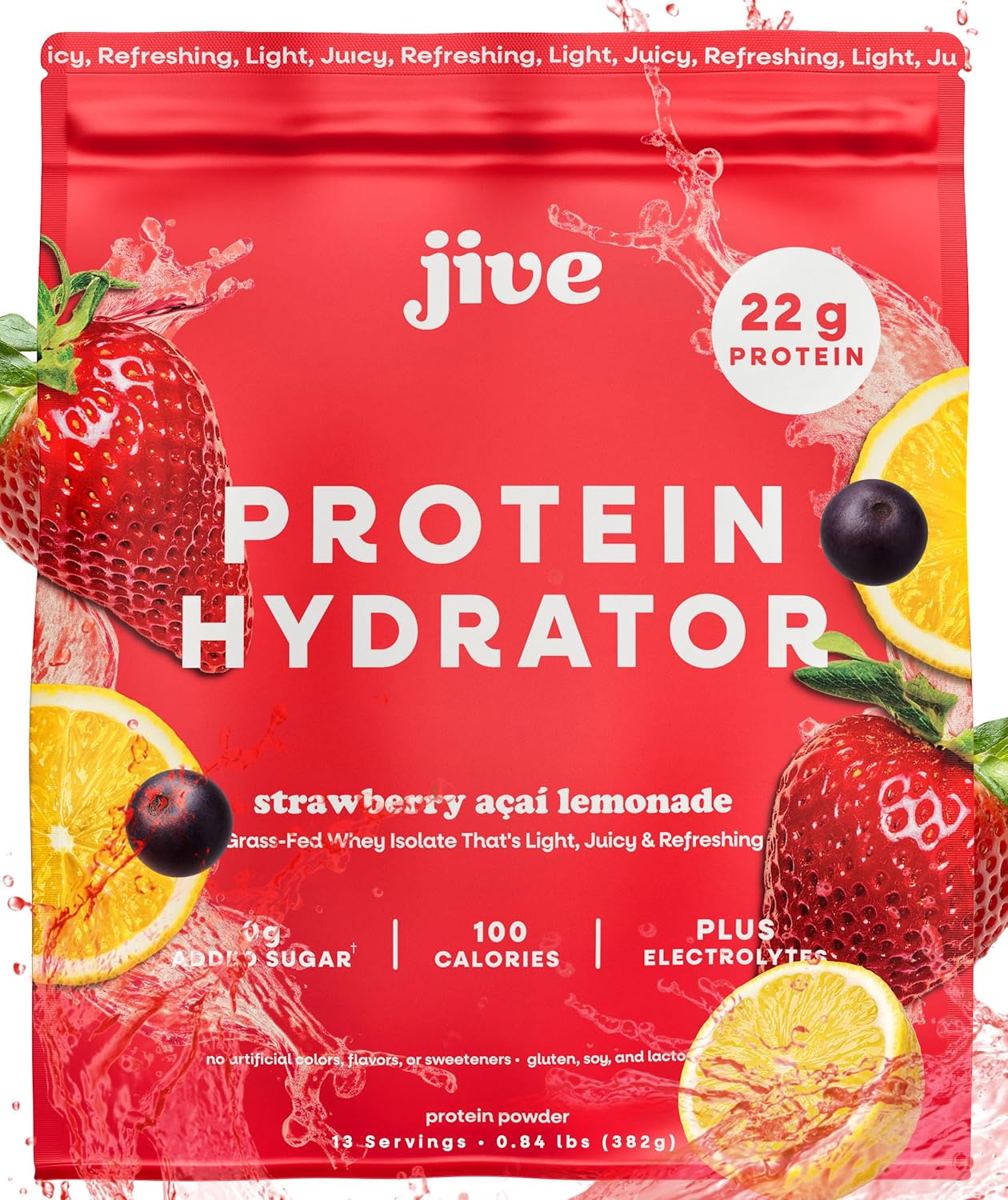 Jive Clear Protein Powder - 22g Grass-Fed Whey Isolate, 13 Servings - Strawberry Acai Lemonade - 895mg of Electrolytes - Zero Added Sugar - Clear Drink Protein Water & Juice