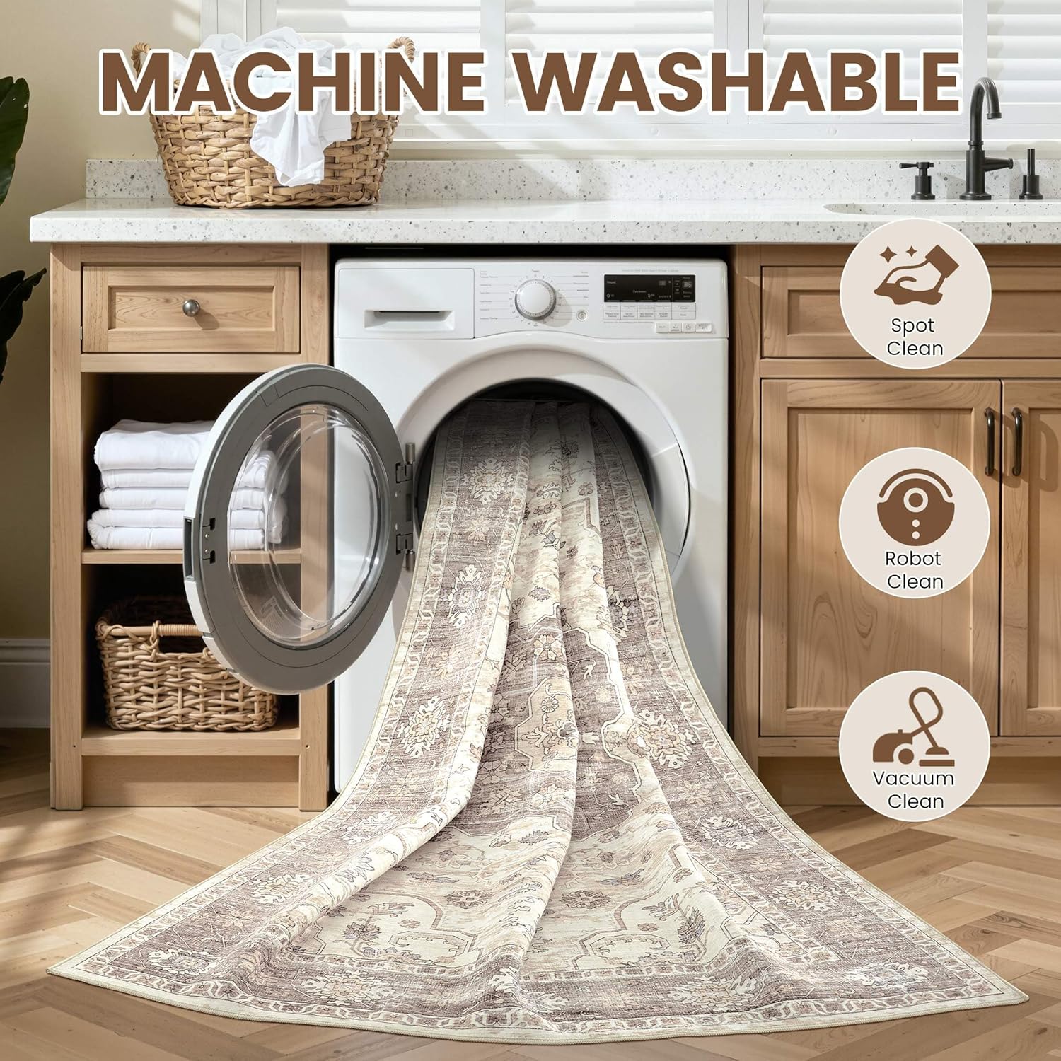 8X10 Area Rugs for Living Room: Washable Vintage Soft Thin Area Rug Stain Resistant Non-Slip Backing Carpet for Bedroom Dining Room Nursery Home Office - Tea Brown