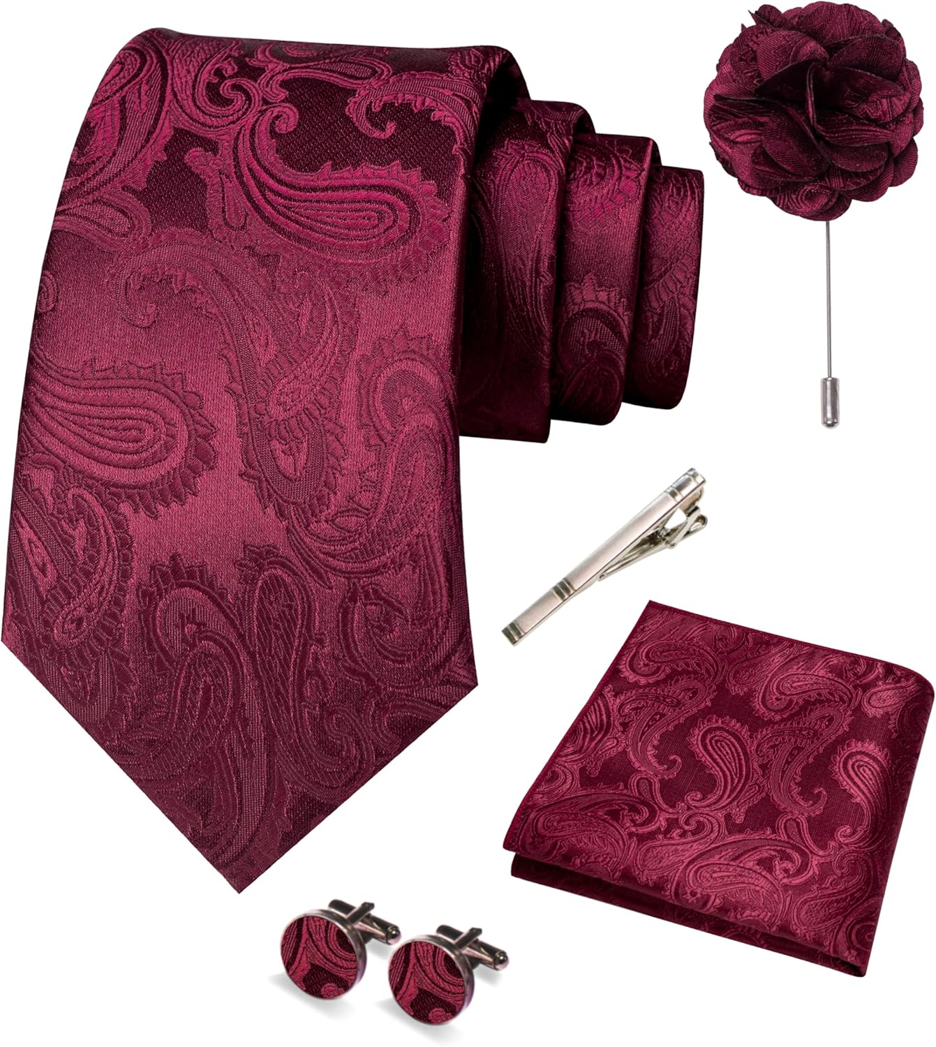 JEMYGINS Mens Paisley Tie and Pocket Square,Lapel Pin,Cufflinks,Tie Clip Sets with Gift Box 5PCS