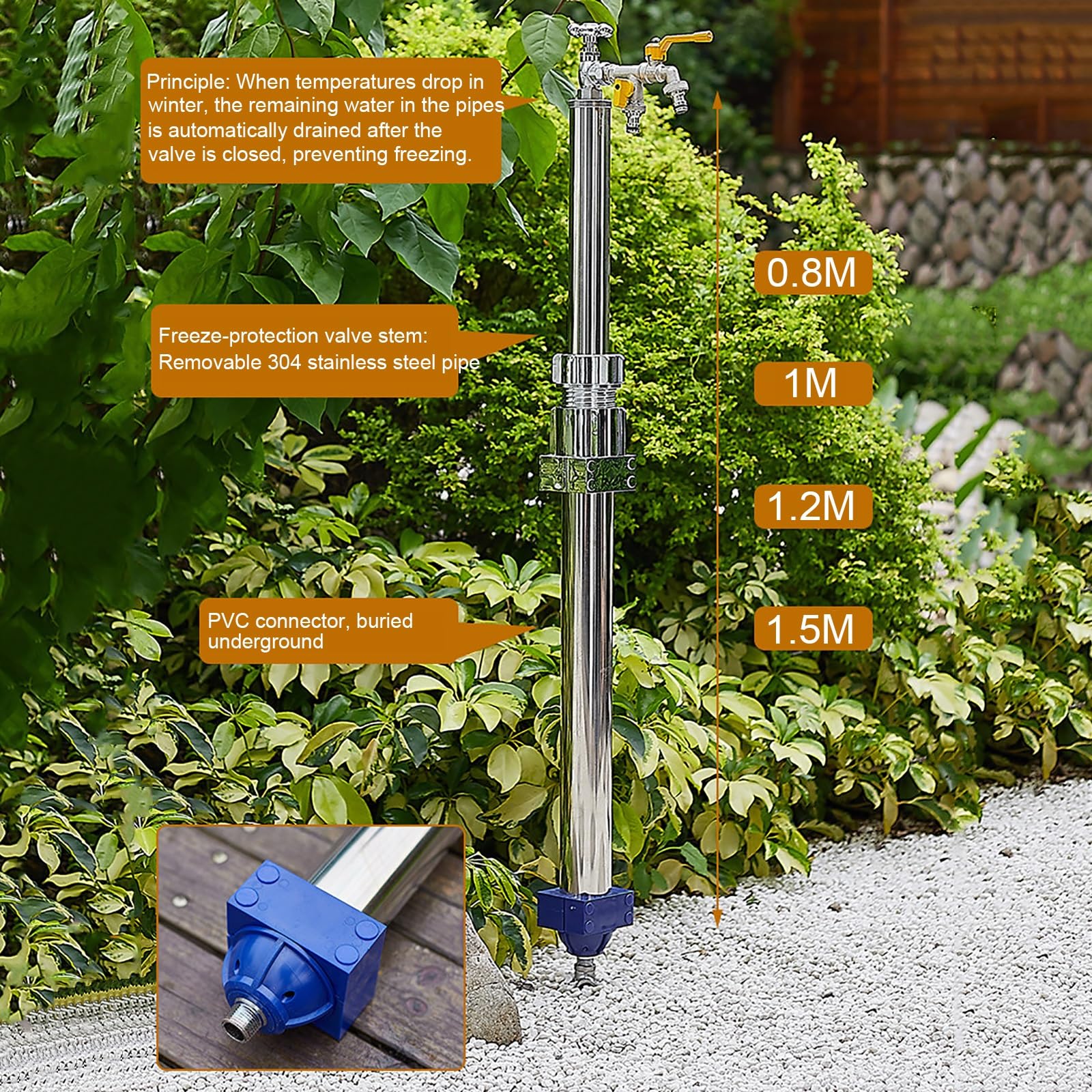 Colonne d'eau de Jardin Extérieure en Acier Inoxydable 304, Colonne d'eau Verticale Antigel avec Robinet À Double Sortie, Fontaine à colonne pour Jardin et Cour(120cm/47in)