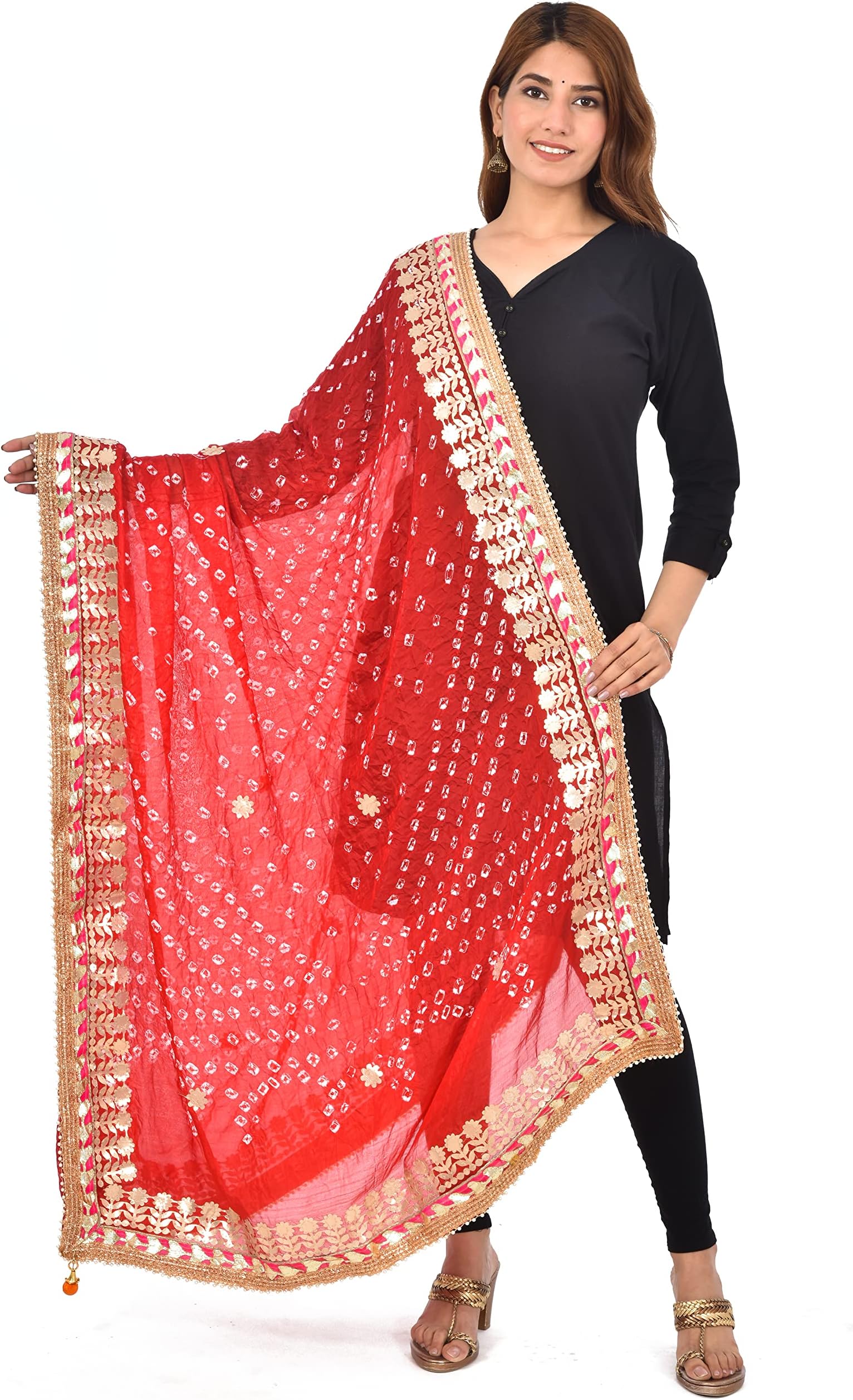 PK HUB Women's Silk Jaipuri Rajasthani Bandhani Bandhej Heavy Dupatta with Gota Work and Latkan