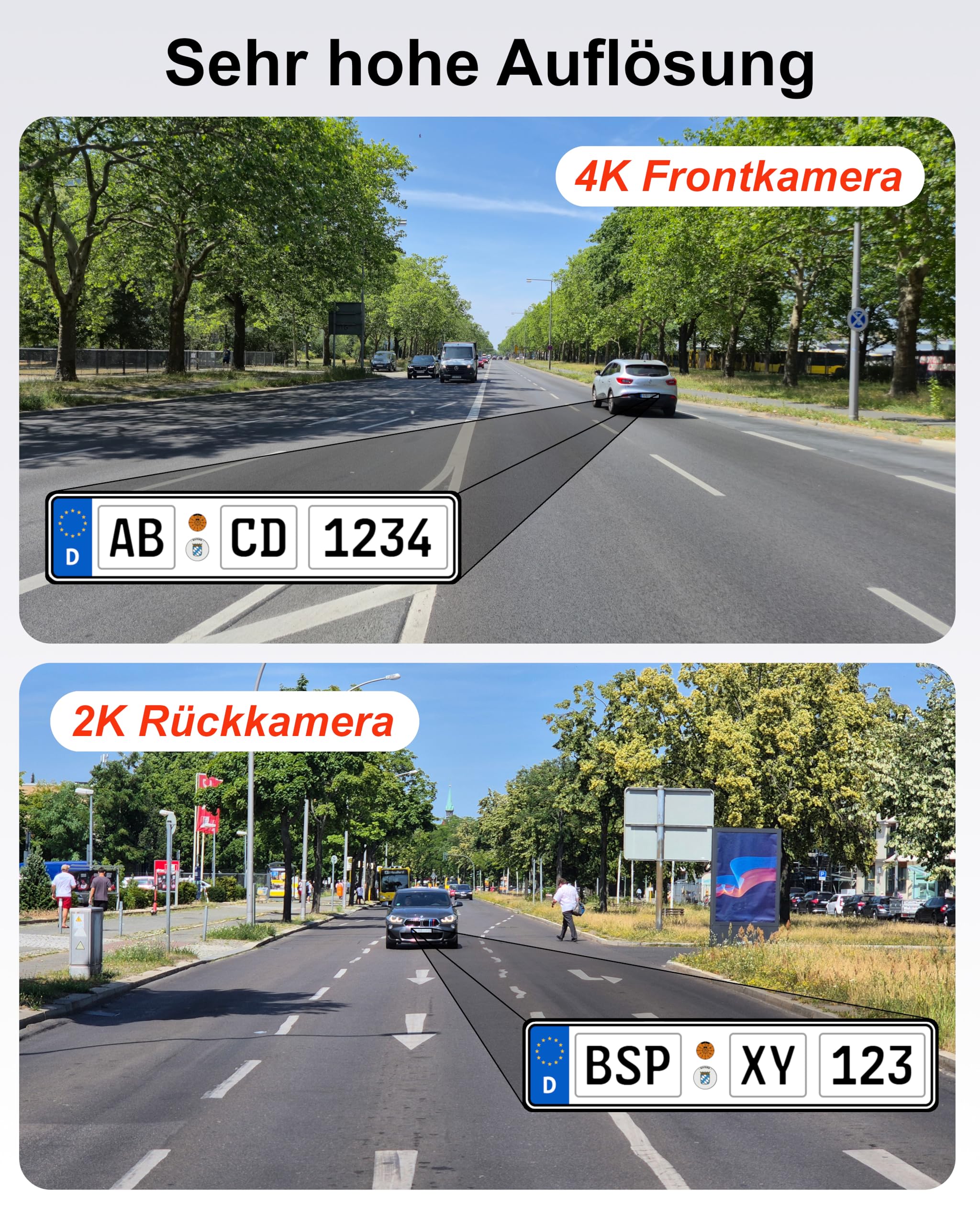 Dashcam Vorne+Hinten 4K/2K inkl. 64GB SD-Karte, 3,2" IPS Bildschirm, Night Vision, Parkraumüberwachung, Loop-Aufnahme, G-Sensor, WDR, GPS, WiFi, App