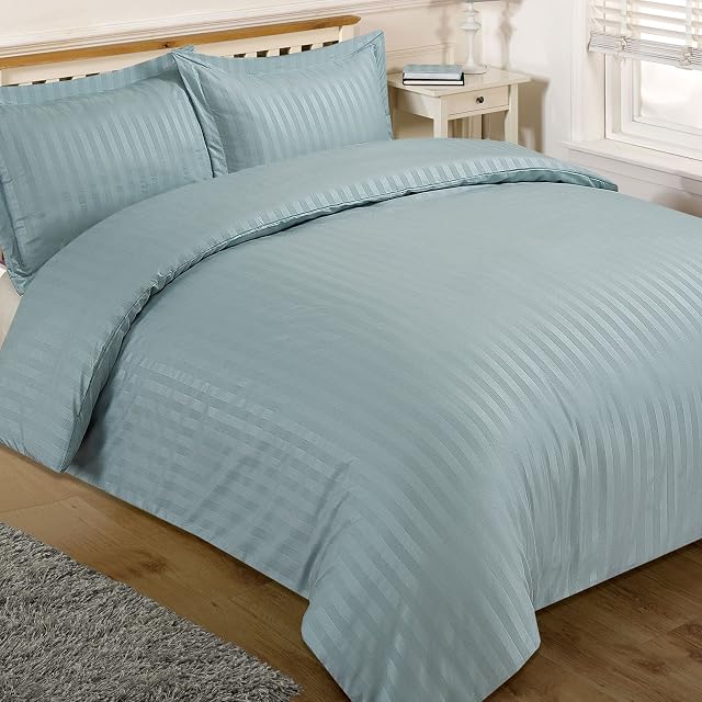 Brentfords Satin Stripe Duvet Cover with Pillow Case Bedding Set Duck Egg Blue - Double Size