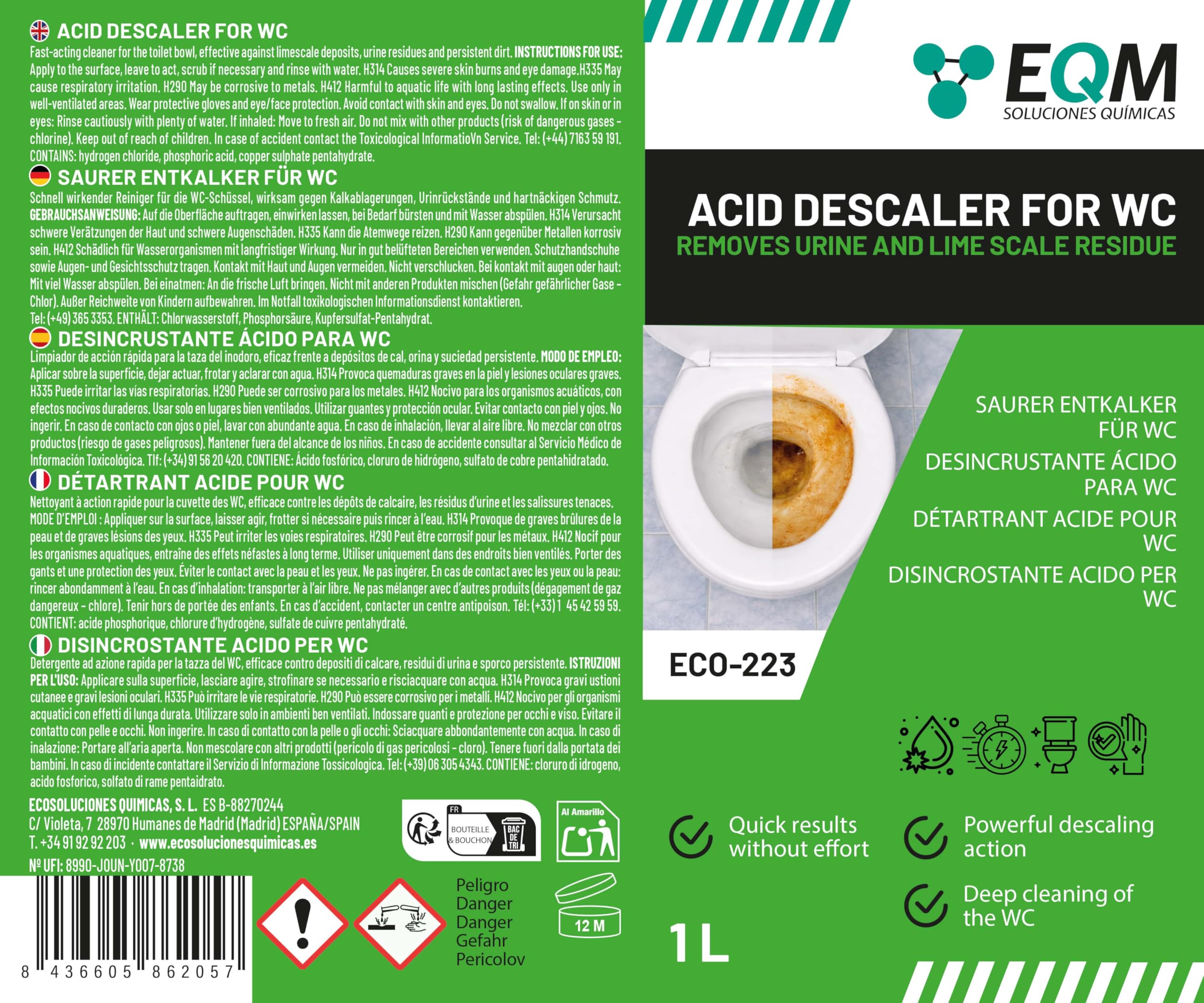 EQM Disincrostante WC Acido 1 L - Anticalcare Potente - Rimuove Calcare Ostinato e Ruggine - Detergente Professionale per Sanitari - Formula ad Alta Prestazione