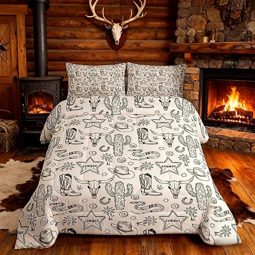 Juego de Edredón de Vaquero del Oeste para Niños Tamaño Twin, Juego de Ropa de Cama Rústica de Calavera de Vaca Herradura Cactus, Decoración de