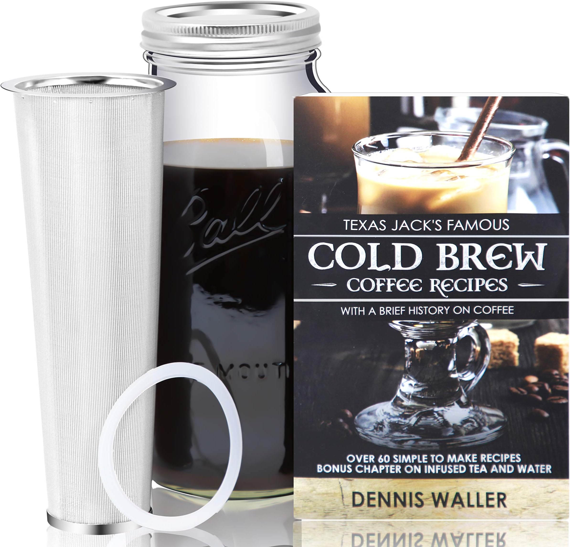 Cold Brew Coffee Maker Kit |Large 2 Quart/Half Gallon|130pg 60+ Recipes and Instruction Book! Quality Ball Wide Mouth Mason Jar & Stainless Filter Basket. Makes Coffee, Infused Water & Tea!