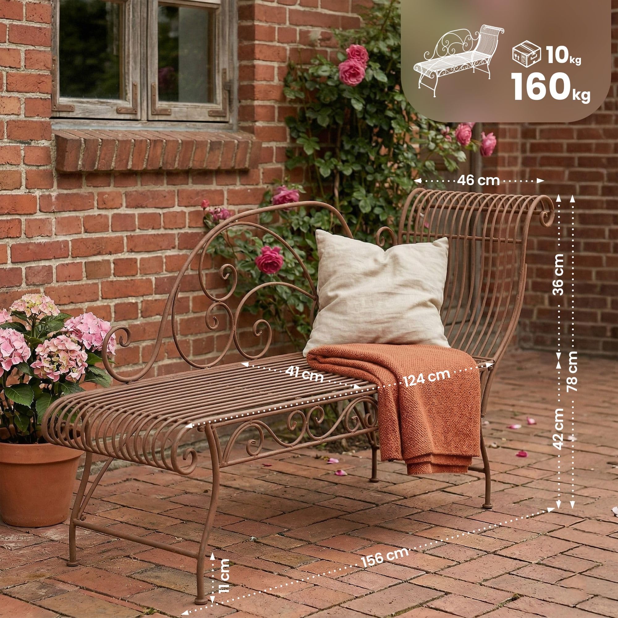 CLP Gartenbank Karma, romantische Recamiere im Jugendstil mit ornamentalen Verzierungen, Chaiselongue für den Außenbereich bis 160 kg belastbar, Farbe:antik braun
