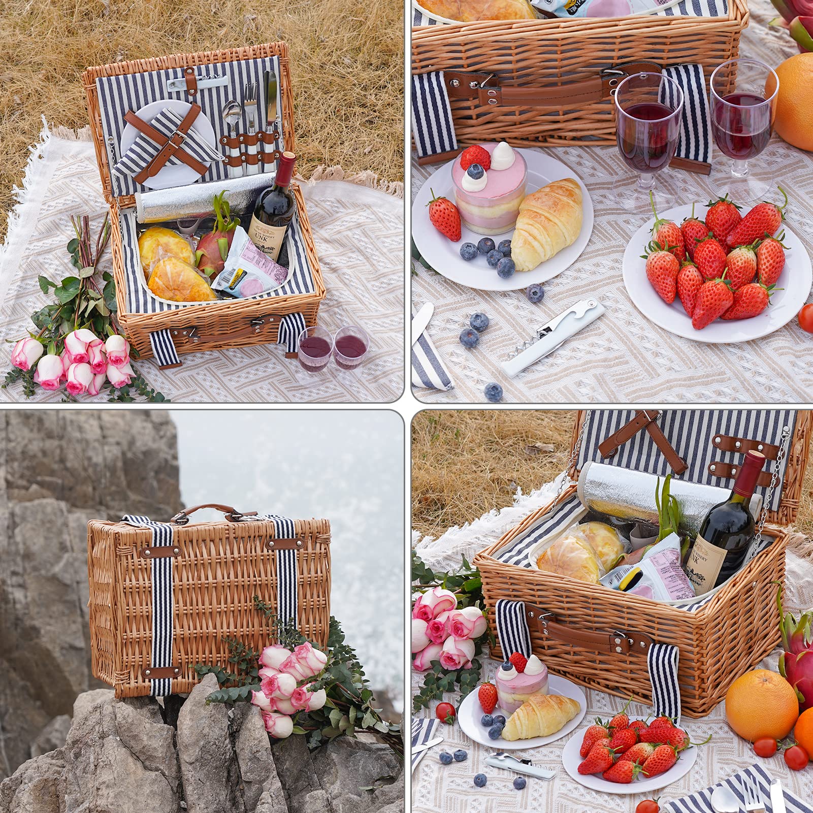 Cesta de pícnic para 2 personas, juego de cestas de pícnic de mimbre hechas a mano con nevera isotérmica y juego de cubiertos, cesta de regalo para parejas, Día de San Valentín, Día de Acción de