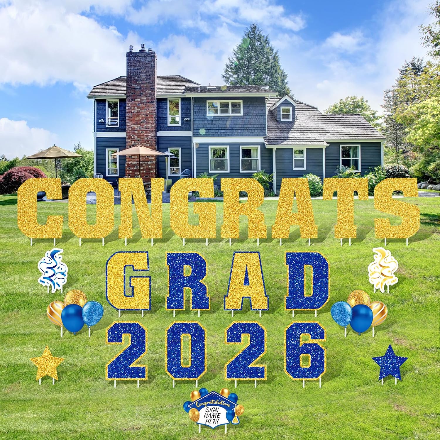 Chunful 23 Pcs 2026 Graduation Yard Sign Decorations, Blue and Gold Class of 2026 Congrats Graduation Lawn Signs Large Grad Yard Signs with 46 Stakes for Outdoor Lawn Party Decor Supplies