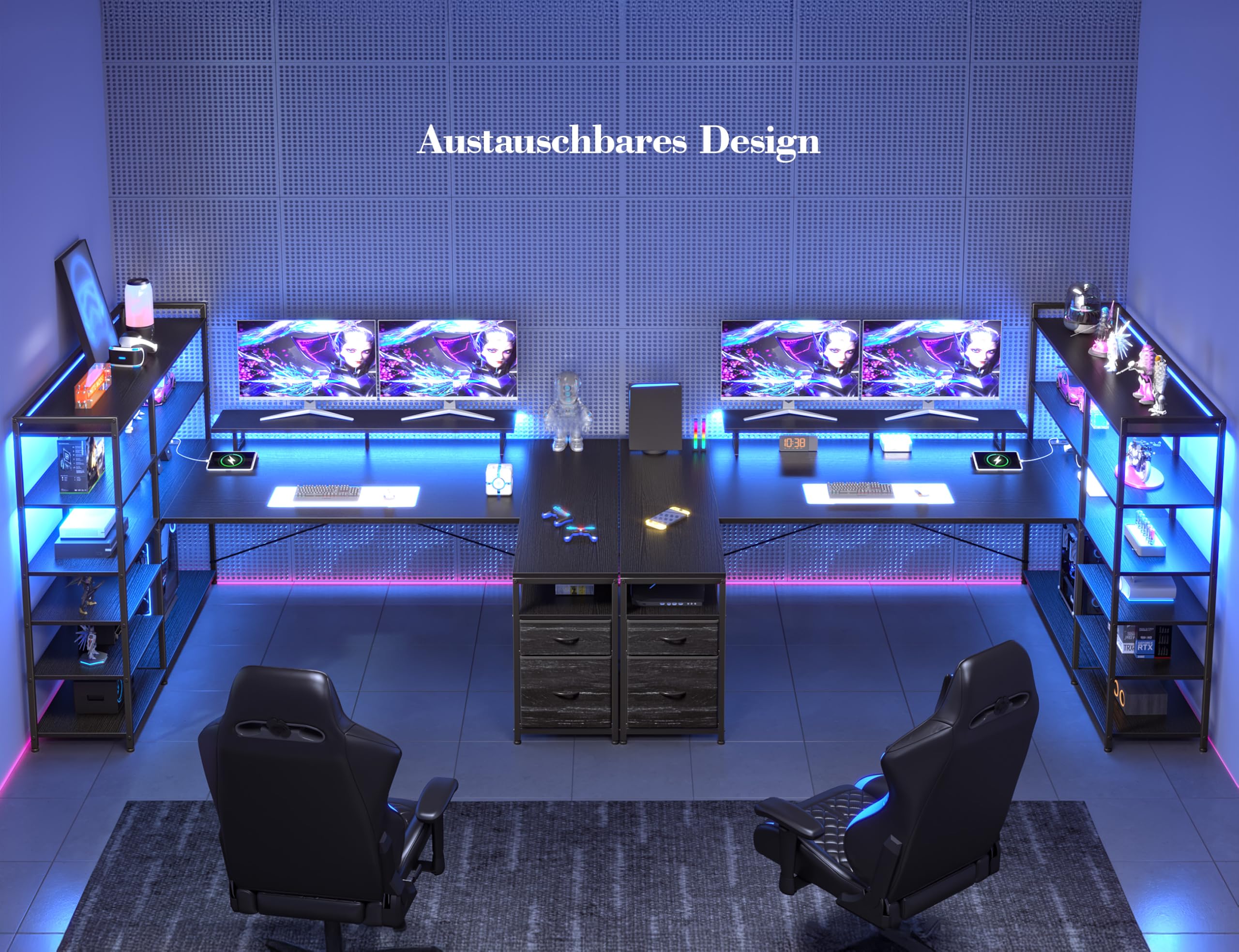 160 × 100cm Eckschreibtisch mit Stauraum und LED | U Form Gaming Tisch mit 2 Schubladen, 6 Regal, Monitorhalterung, Steckdosen, Reversibel, für Homeoffice, Gaming, Schwarz