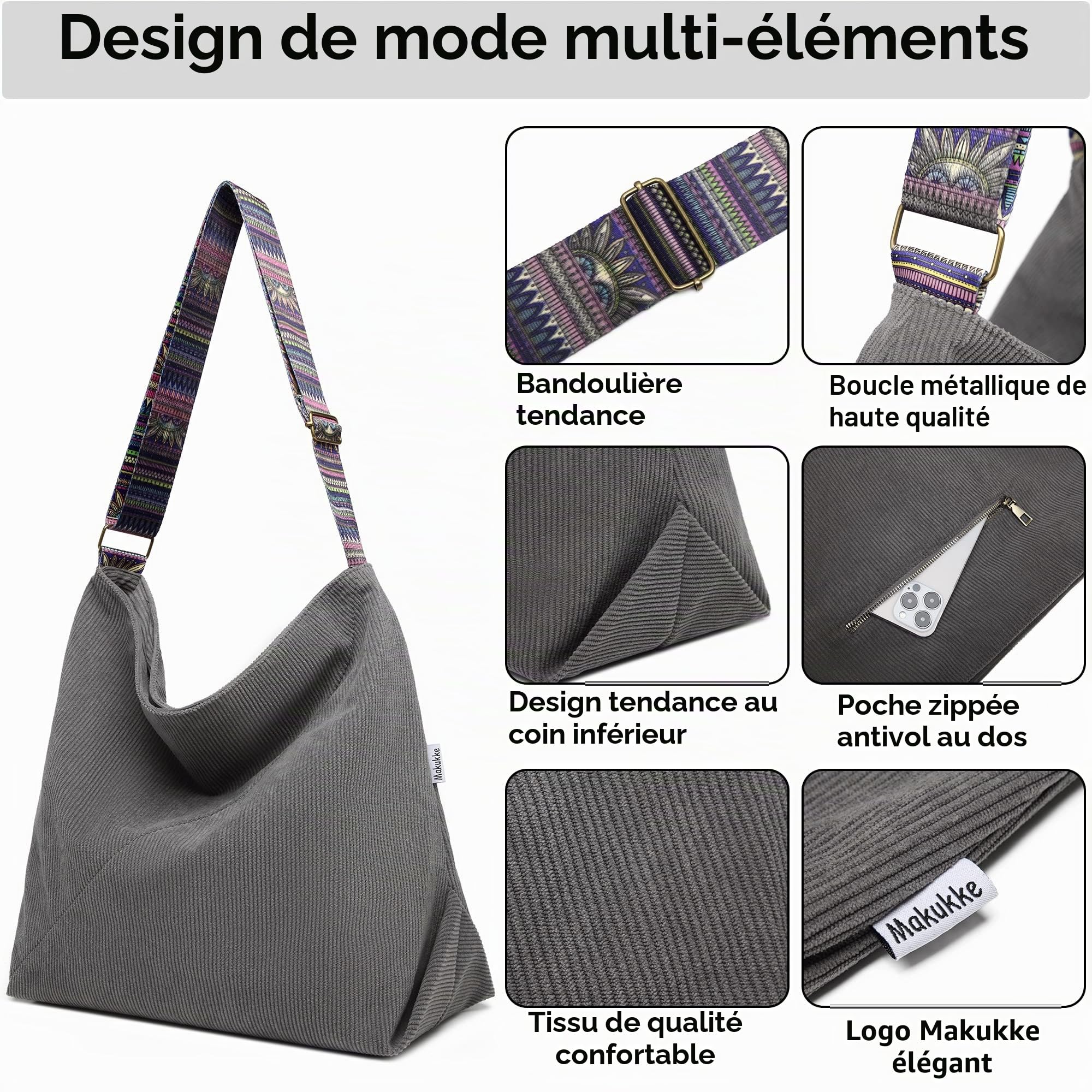 Makukke Sac à main pour femme - Sac à bandoulière en velours côtelé - Sac à bandoulière décontracté - Pour l'école, le bureau, le travail, les voyages, les excursions