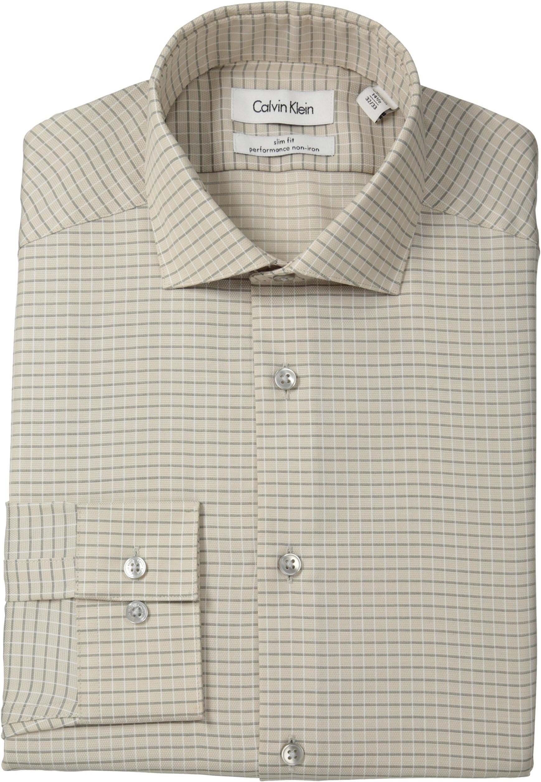 Calvin Klein Men's Slim Fit Non Iron Check, Toast, 15.5" Neck 34"-35" Sleeve