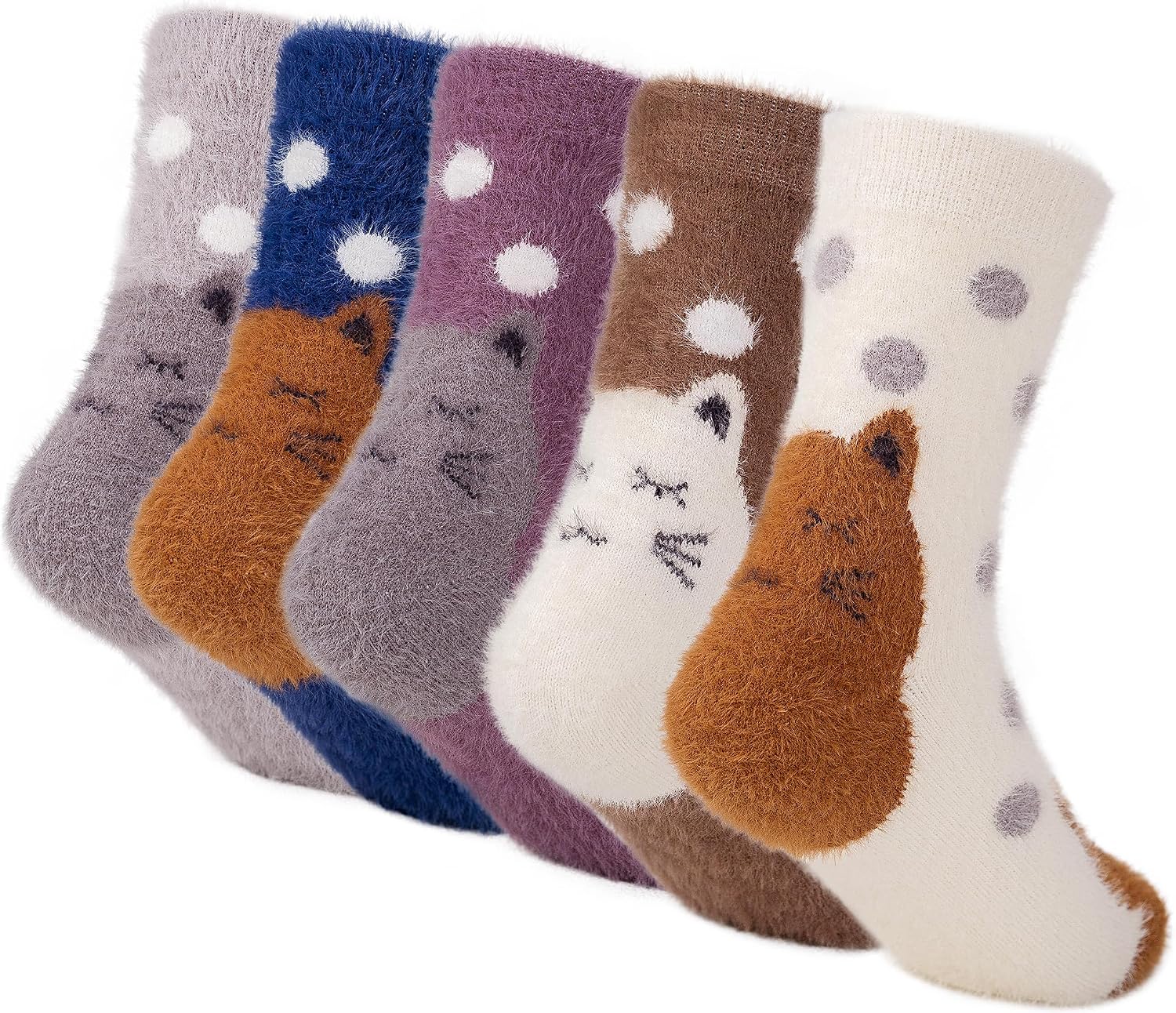 SISOSOCK Fuzzy Socks for Women Cute Cat Paw 5 Pairs Winter Fluffy Cozy Plush Slipper Socks With Gift Box for Women Girls Gifts
