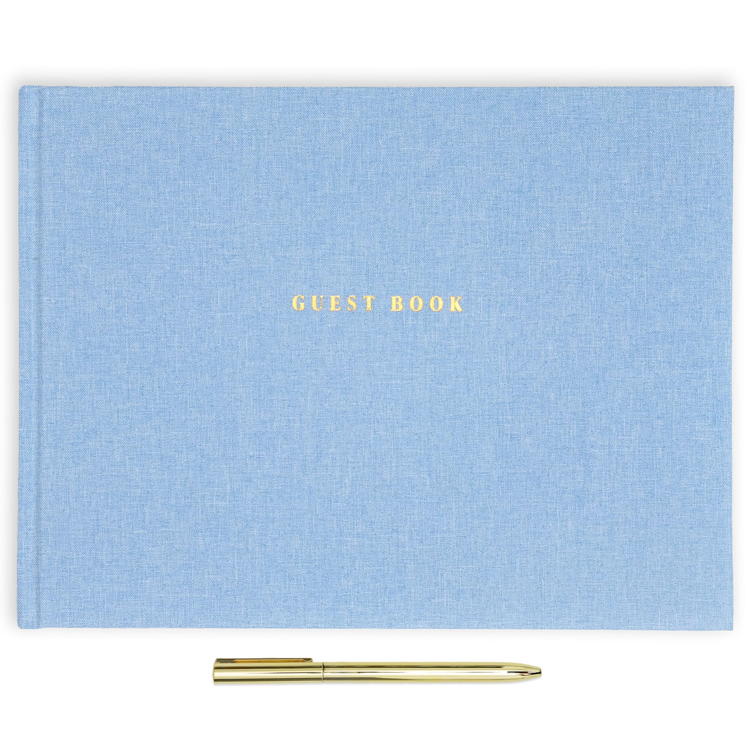 ELYN Libro degli ospiti in lino, libro degli ospiti per ricevimenti di nozze, compleanni, baby shower ed eventi, penna gel dorata abbinata, tasche per foto e cartello da tavolo, 80 pagine (bianche e a