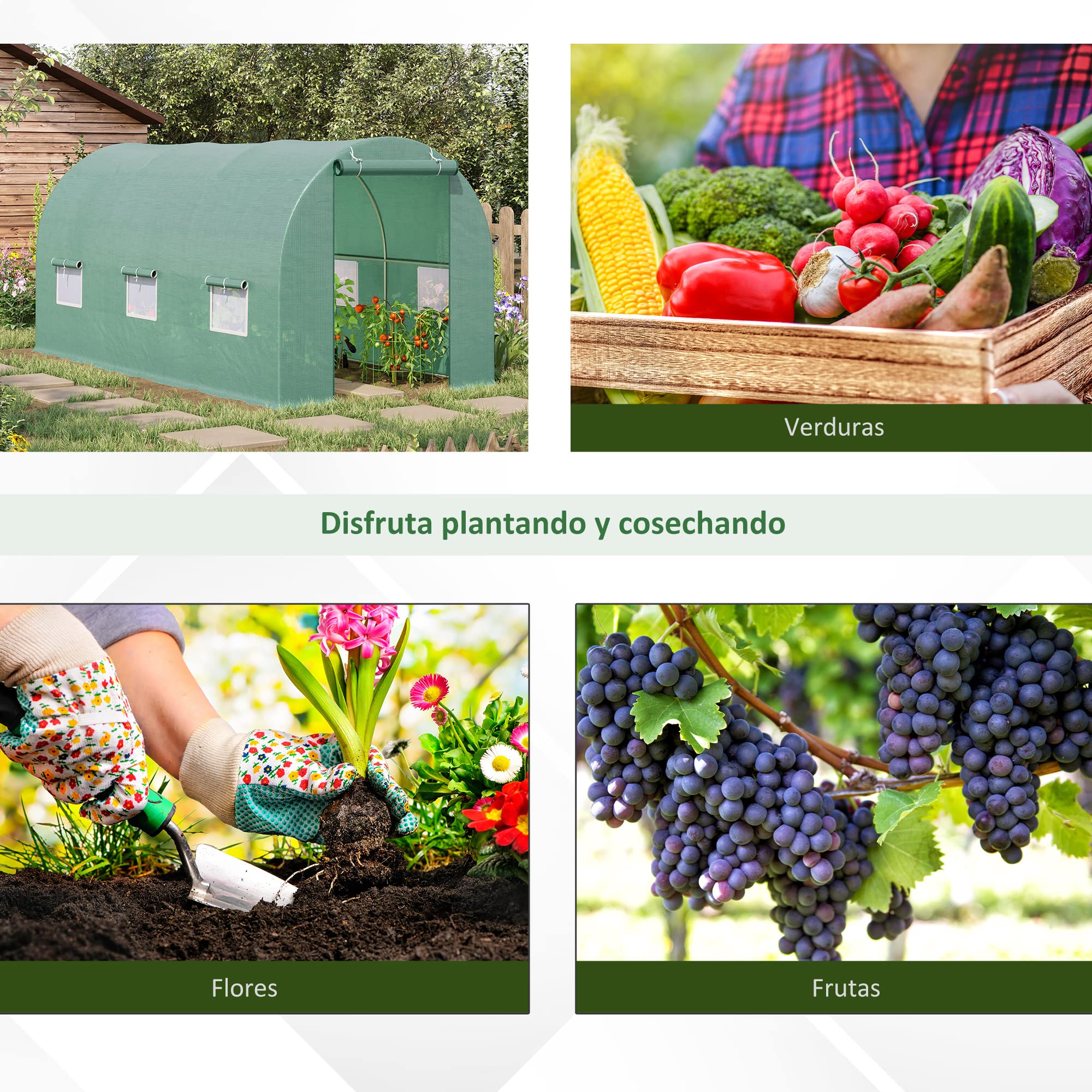 Outsunny Invernadero de Exterior 4,45x2x2 m Invernadero de Túnel con Cubierta de PE 140 g/m² para Cultivo Plantas Verduras Frutas en Jardín Terraza Verde