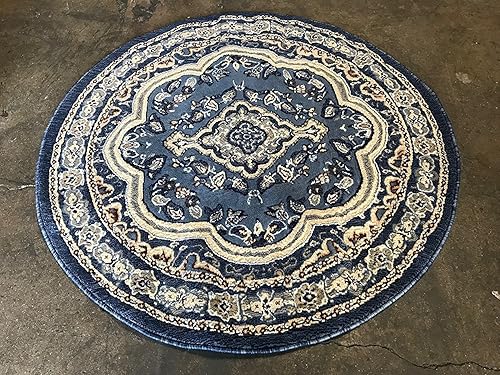Miniatura 2 de EMIRATES Alfombra redonda tradicional con diseño oriental azul 520 (4 pies x 4 pies)