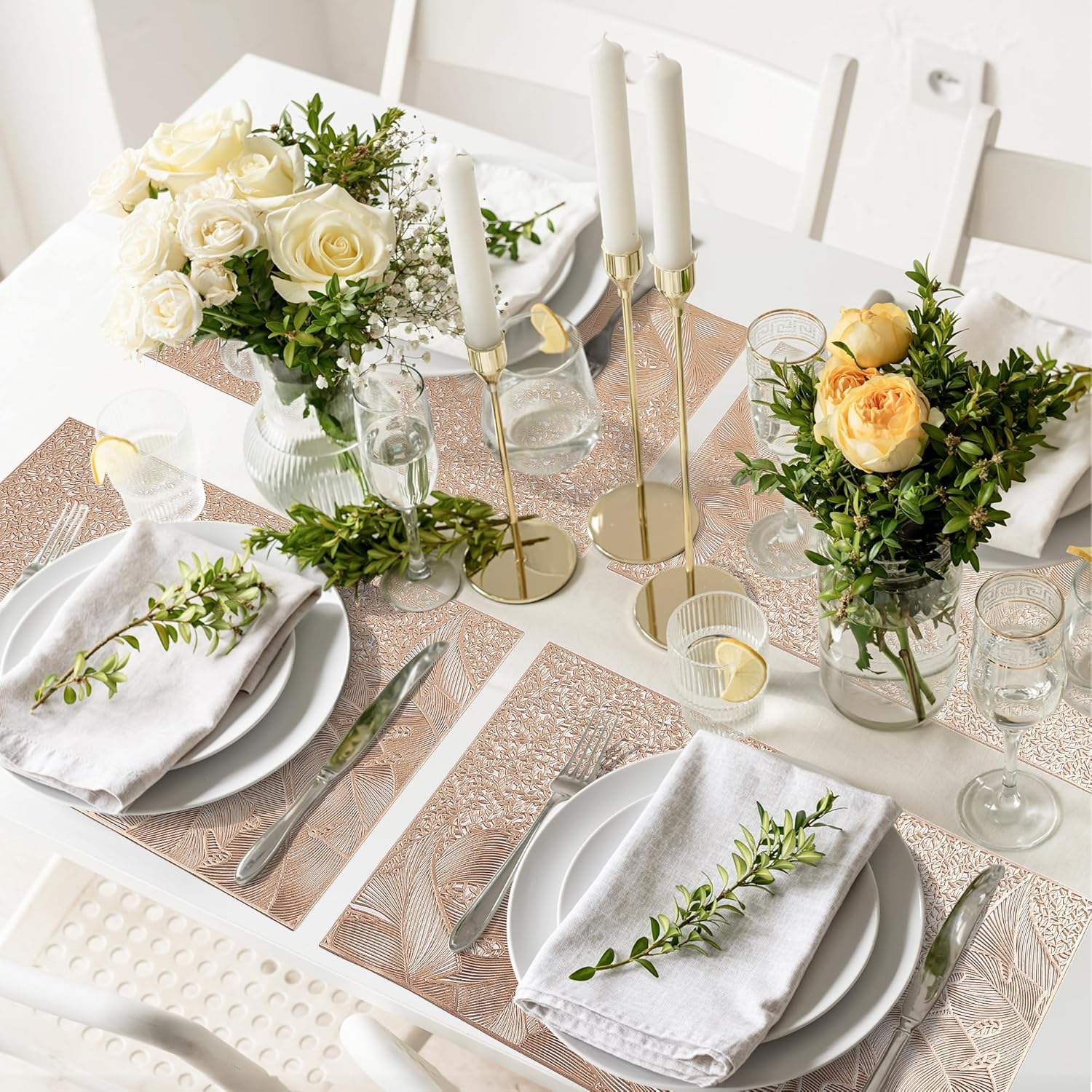 fanquare Gold Rectangle Placemats Pressed Vinyl Leaf Pattern Washable Place Mats for Wedding Non-Slip Elegant Dinning PVC Table Mats Easy to Clean