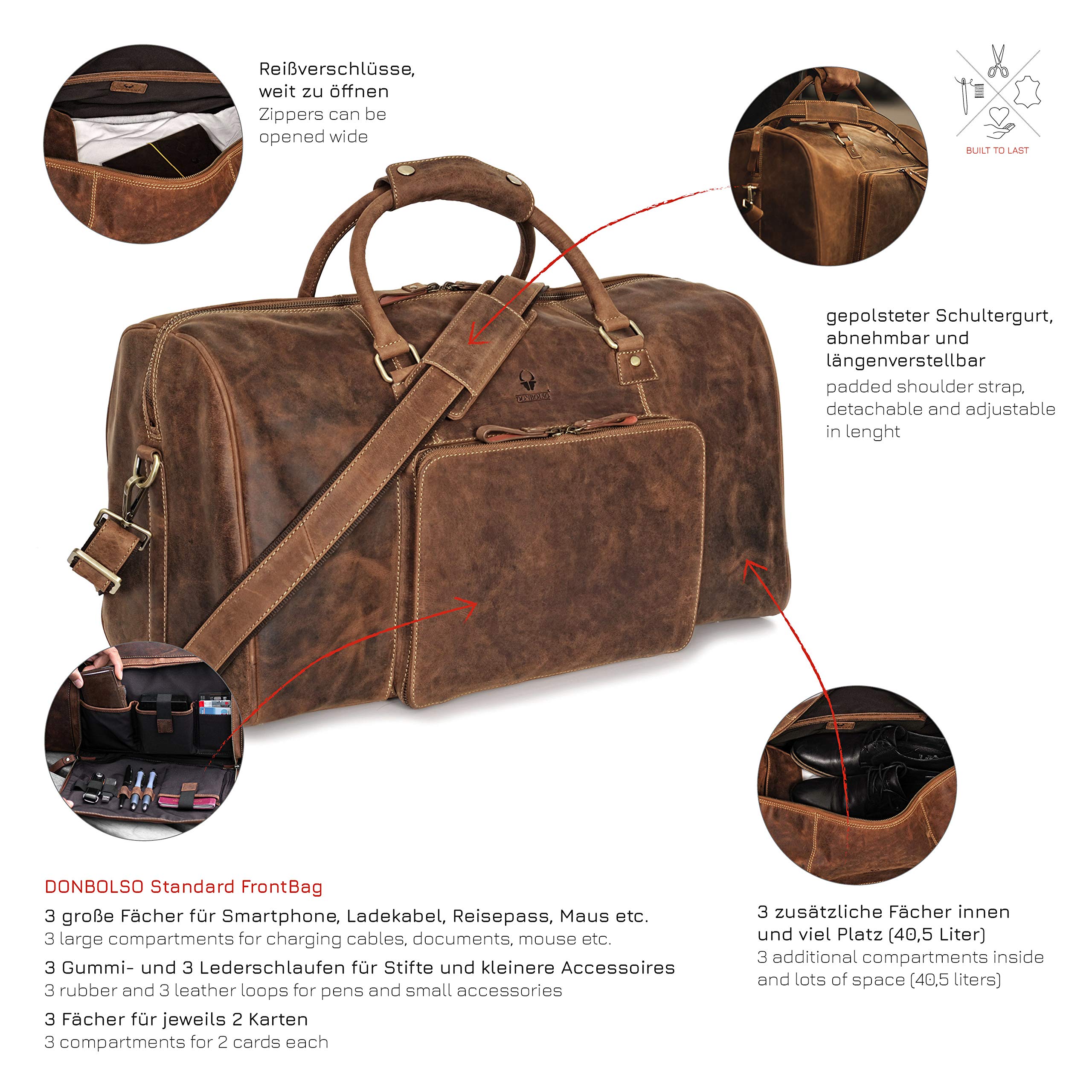 DONBOLSO Weekender Nápoles | Bolsa de Viaje para Hombres | Bolsos de Viaje Fin de Semana de Cuero | Bolso Viaje de Cuero para Equipaje de Mano | Tamaño L con 40 litros | Vintage Marrón