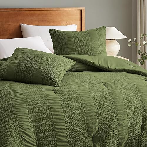 Miniatura 3 de Juego de edredón tamaño Queen de 3 piezas de color verde oliva, suave juego de edredón de sirsaca verde oscuro con 2 fundas de almohada, juego de