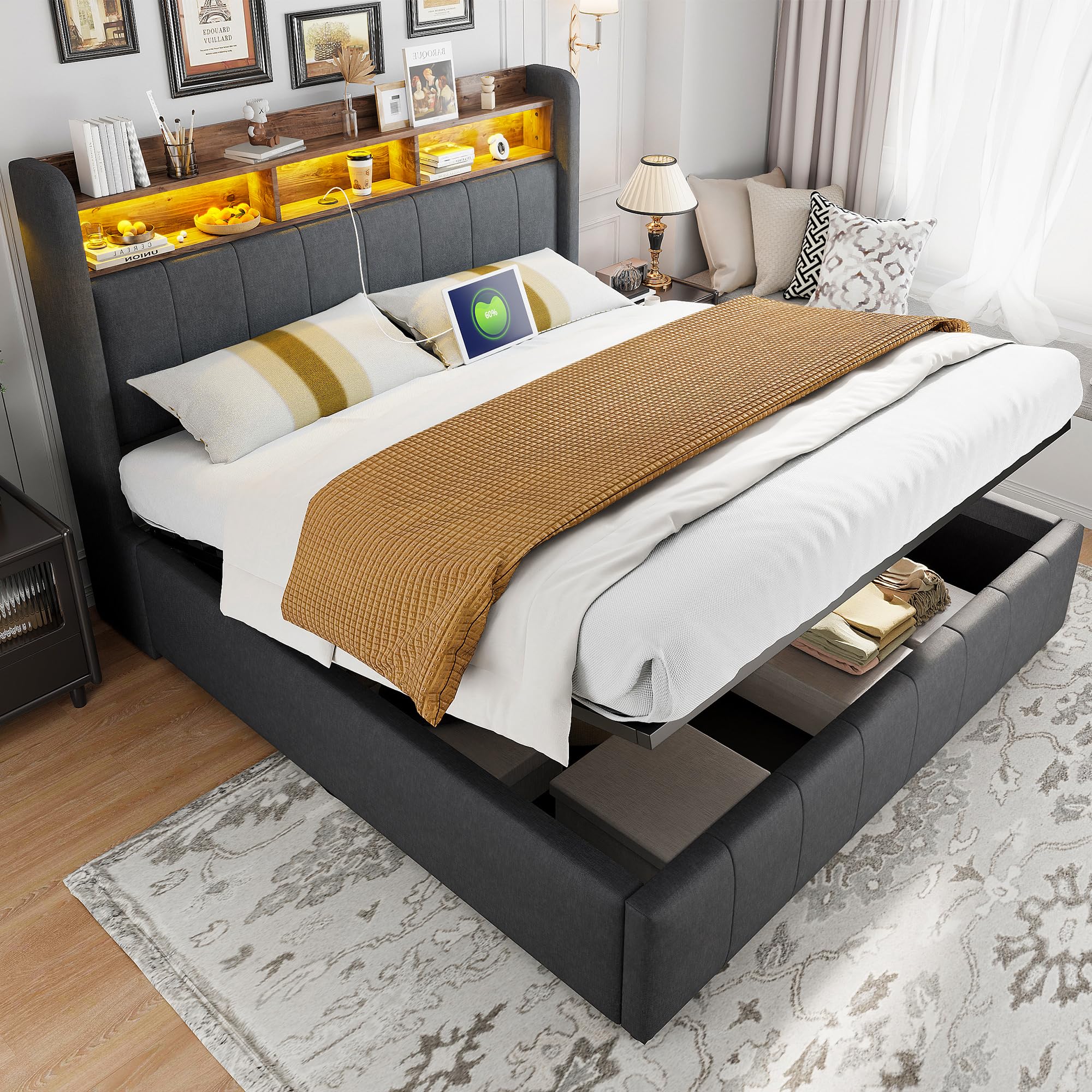 Ymkua Letto Imbottito Letto Matrimoniale 160x200 cm, Bed con LED Luce e USB-Port, Idraulica Struttura Bed frame con Contenitore Testata e Rete a Doghe in Legno, Lino, Grigio, Senza Materasso