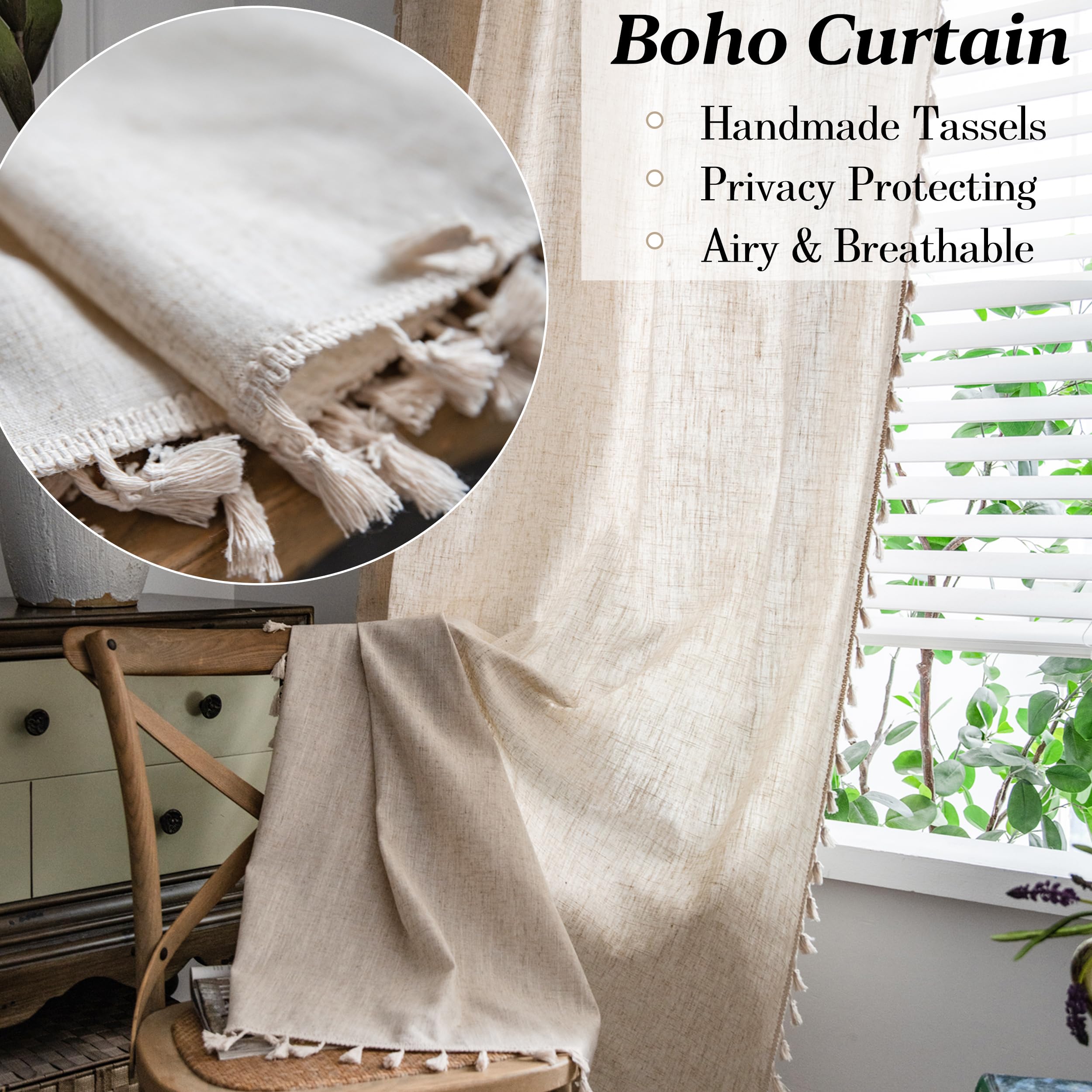Sutuo Home - Rideau bohème semi-occultant avec pompons faits à la main et passe-tringle, à motif de jute texturé et chic - pour salon - 1 panneau de 150 x 274 cm (l x L) (aspect lin naturel)
