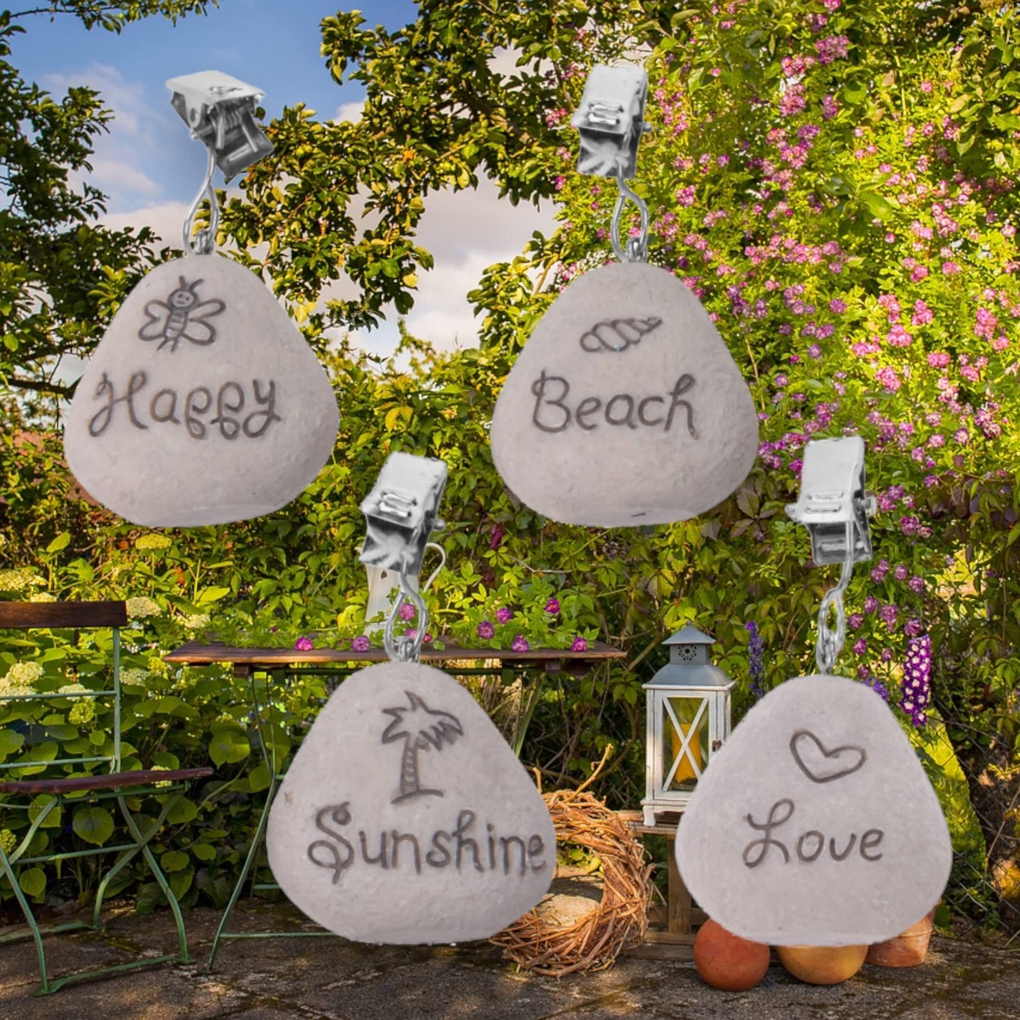 4-częściowy zestaw obciążników do obrusu z funkcją zaciskania – obciążniki obrusu – uchwyt na obrus na nakryty stół ogrodowy (kamienie Love Happy Beach Sunshine)