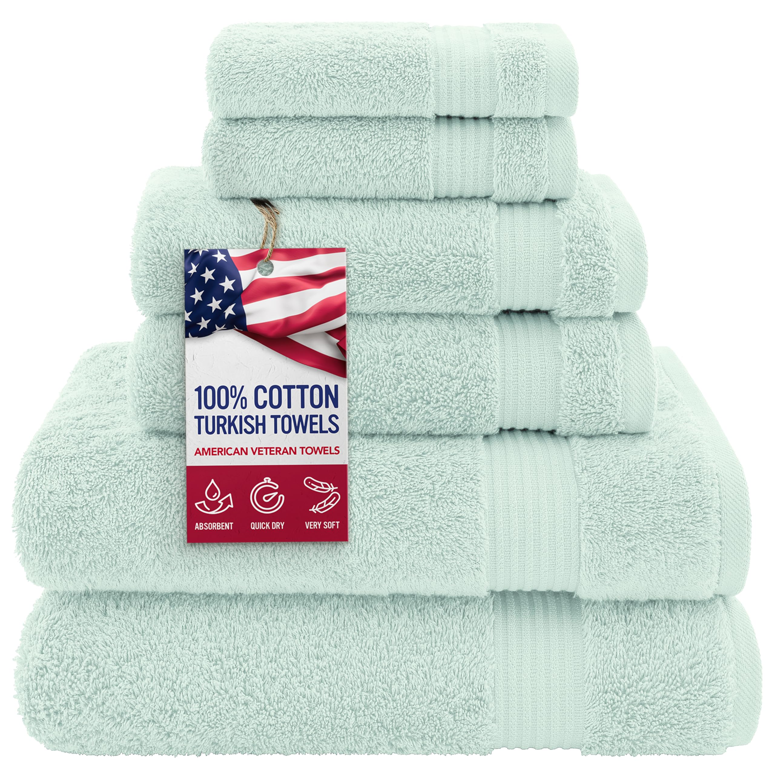 American Veteran Towel, 100% Cotton Turkish 6 Piece Towel Set, Luxury Towels Set of 6 for Bathroom Essentials, 2 Bath Towel 2 Hand Towel 2 Washcloth, Mint Green