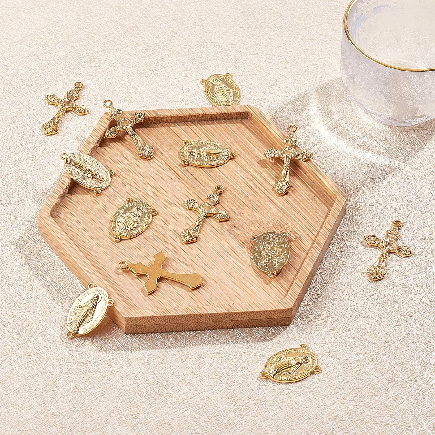 SUNNYCLUE Golden Tibetan Style Rosary Cross Charms Center Miraculous Medal with Alloy Crucifix Cross Charm Oval Chandelier Gold Links Connectors for Rosary Holy Beads Easter Necklace Party Favor - Image 4