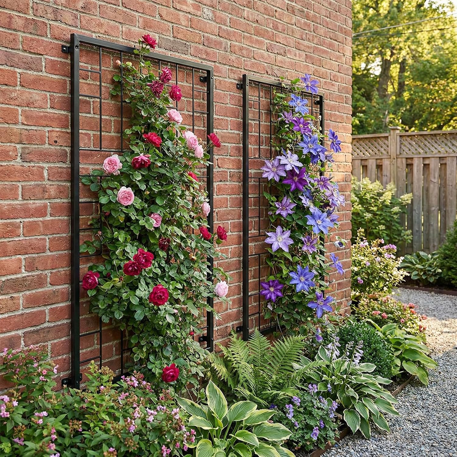 MyGift Set of 2 Large 3-Foot Matte Black Metal Wire Garden Trellises – Wall-Mounted Geometric Lattice Supports for Climbing Plants and Vines