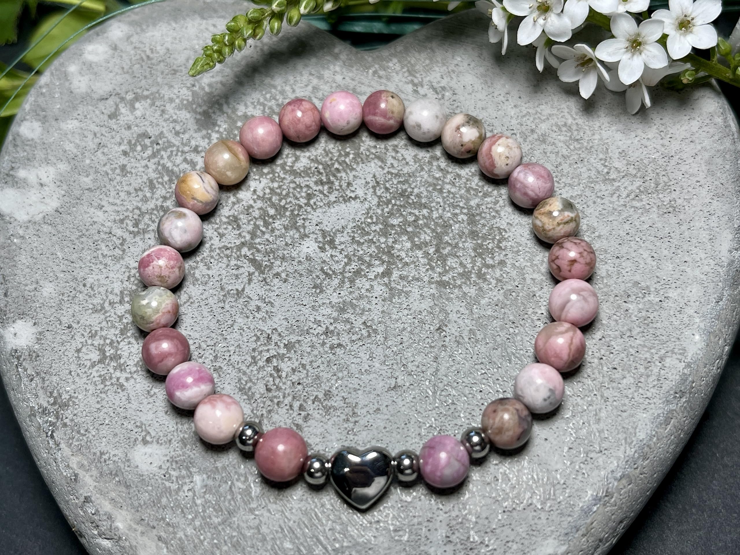 Rhodonit Armband Perlen echt 6mm Herz Edelstahl Silber Gold Roségold oder Ionisiert - Handmade Perlenarmband Verzeihen Begeisterung Optimismus - Spiritueller Schmuck Damen Mädchen