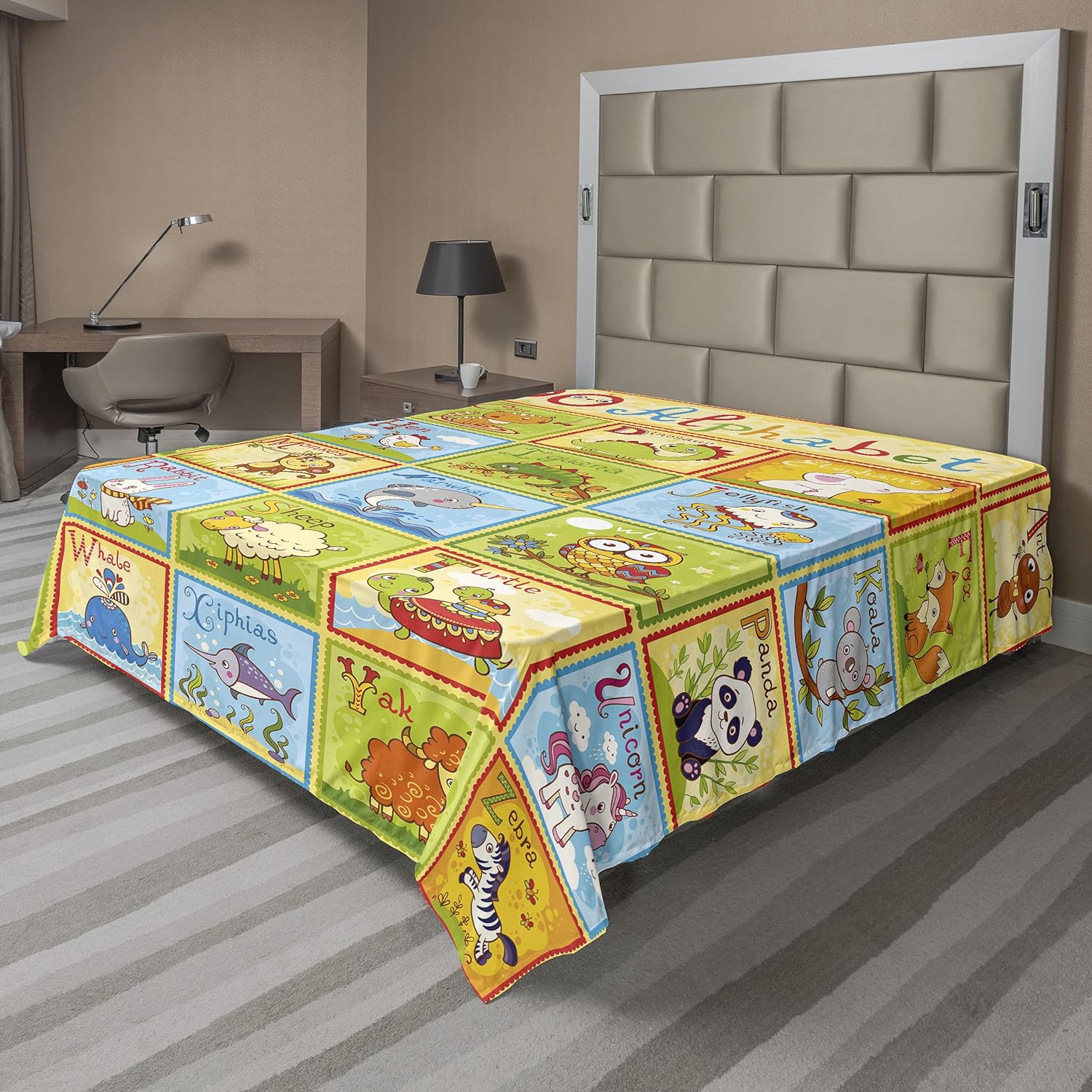 Ambesonne Science Flat Sheet, Zoo Alphabet Design Colorful Style Funny Cartoon Animals, Soft Comfortable Top Sheet Decorative Bedding 1 Piece, Full Size, Multicolor