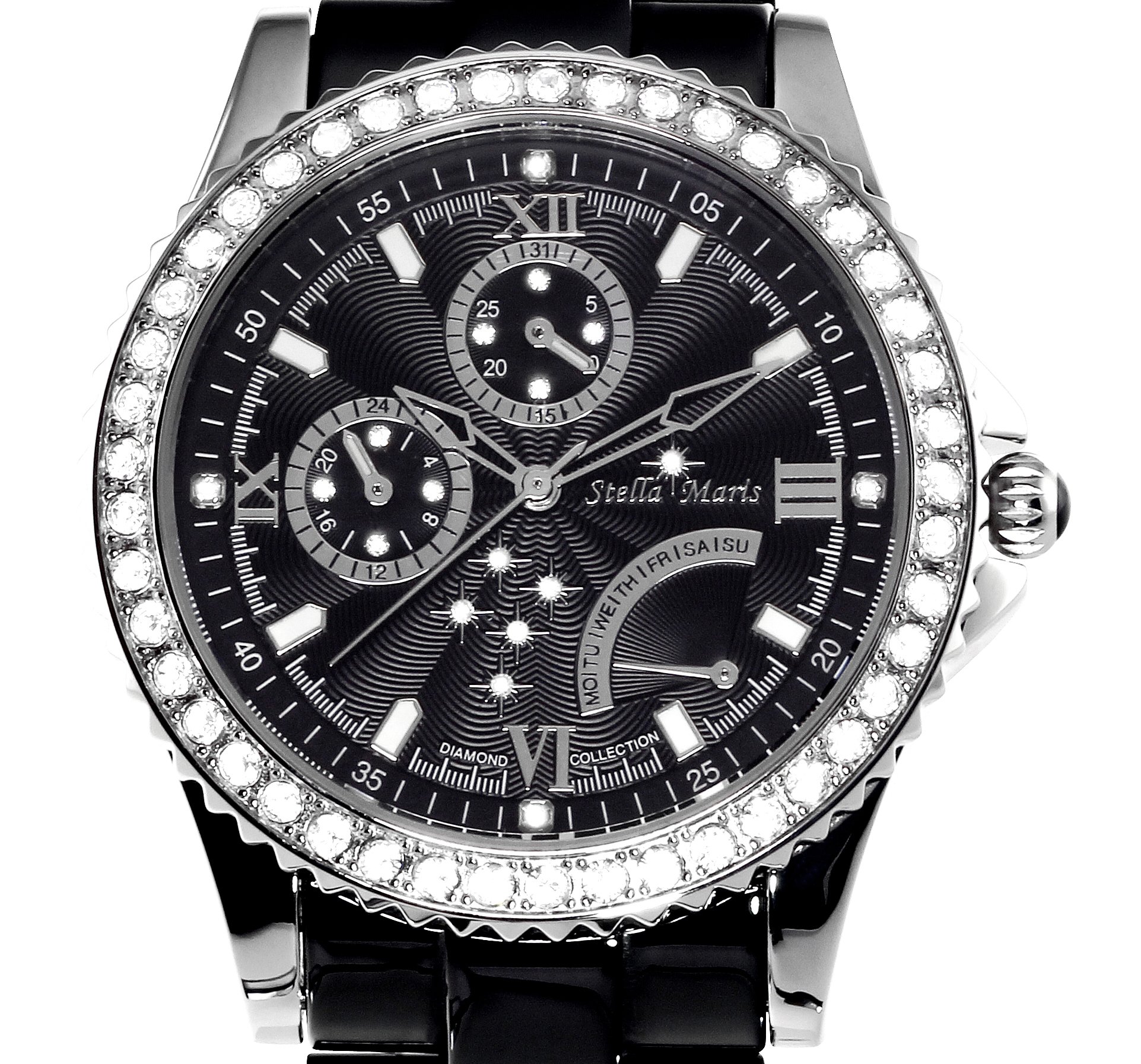 Stella Maris Damen Armbanduhr Analog Quarz Uhr Stilvolle Elegante Damenuhr Frauenuhr Schwarz Silber Premium Keramik Armband Diamanten Swarovski STM15N2