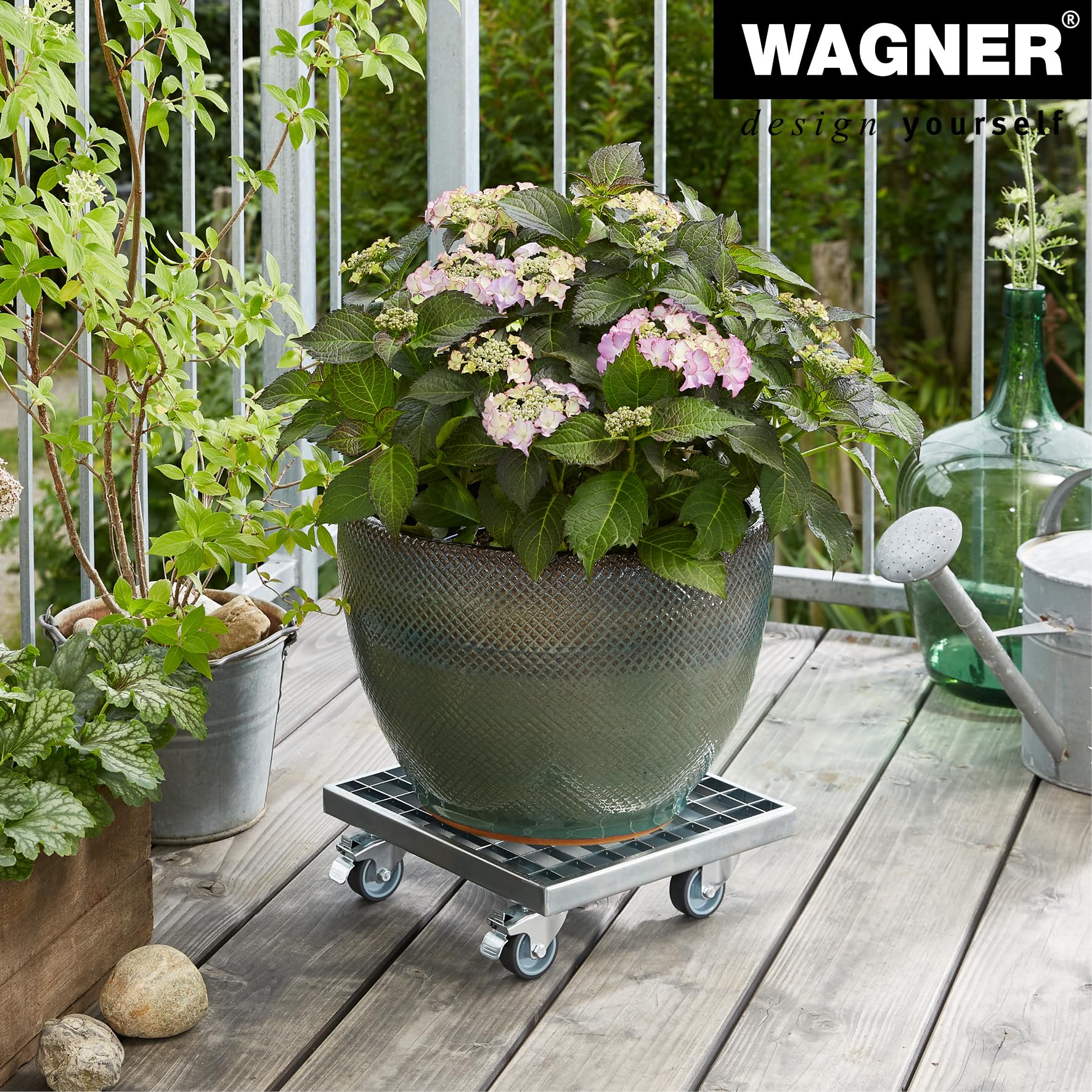 WAGNER Support à roulettes pour pot de fleur INDUSTRIAL STYLE 29 x 29 x 9,5 cm I intérieur+extérieur I Acier grille galvanisé argent I 2 freins I Capacité de charge 150 kg I Made in Germany - 20701501