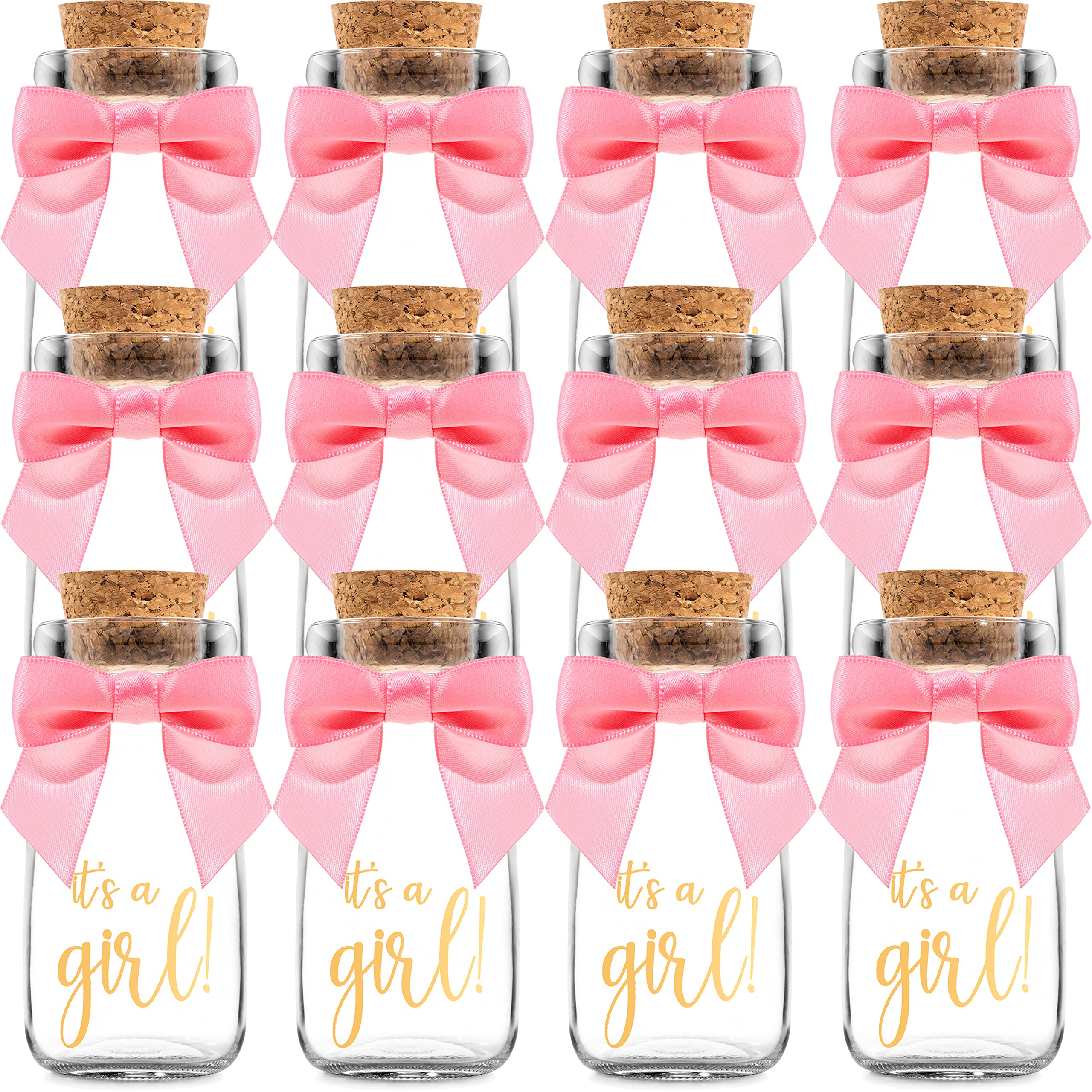 Ethisa Vintage 12 Pack It's a Girl Milk Glass Bottles with Ribbons and Stickers - Classy Baby Shower Favors for Guests and Table Centerpieces - Gender Reveal Girl Decorations - Baby Shower Candy Jar